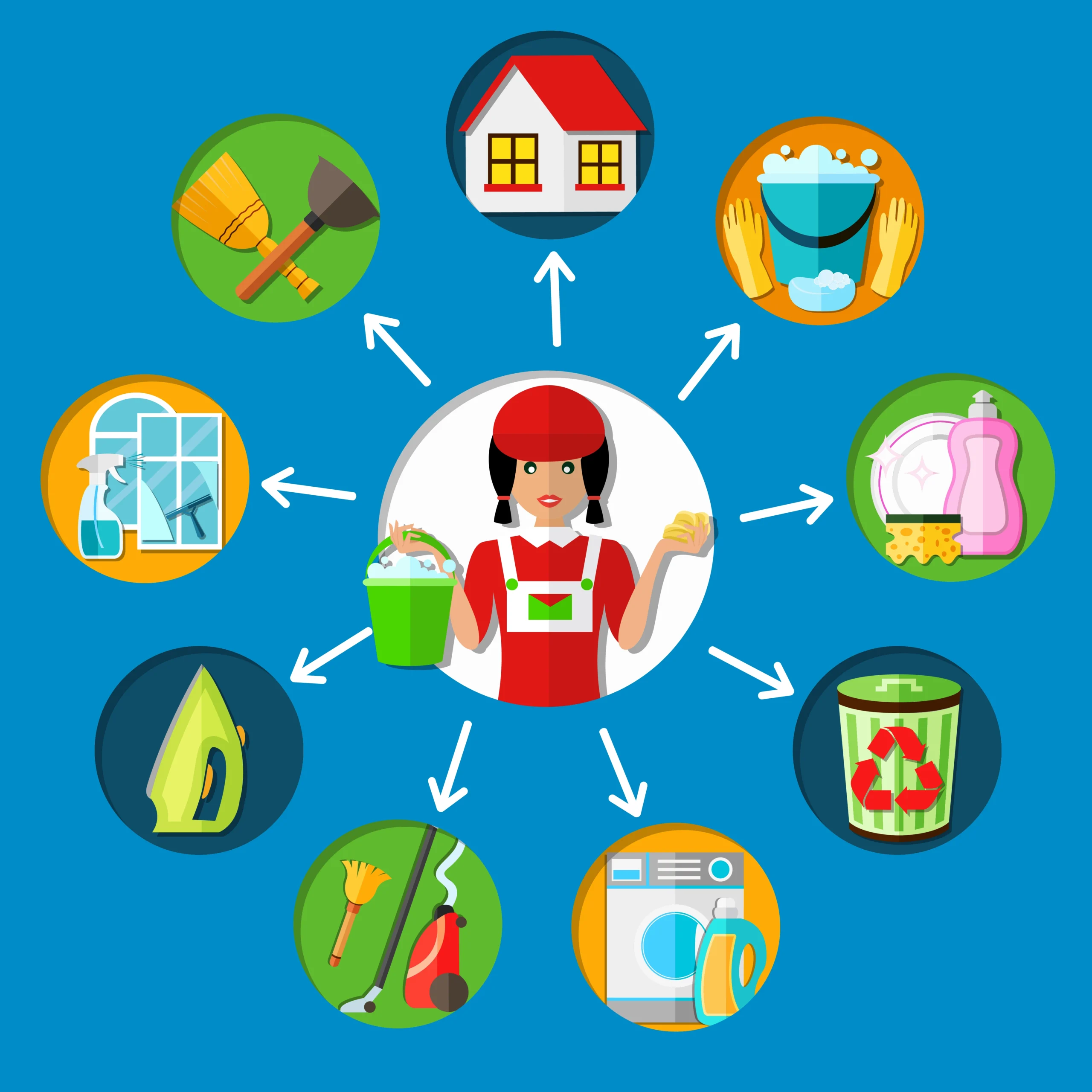 Infographic depicting various cleaning tasks and supplies, centered around a woman holding a cleaning bucket.