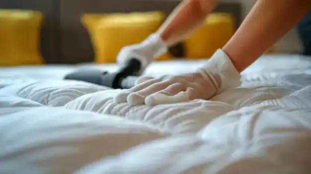 Professional cleaner vacuuming mattress for deep cleaning and hygiene in a hotel or home.