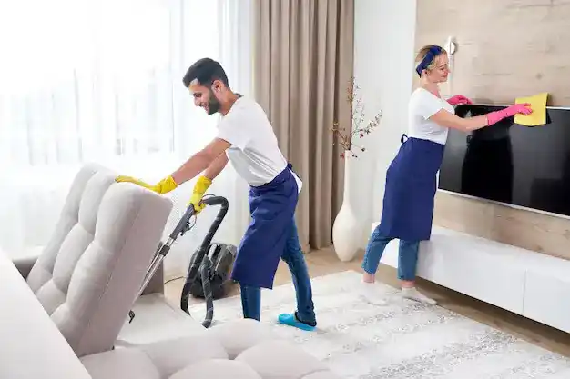 Professional cleaners vacuuming sofa and dusting TV for a spotless living room cleanup