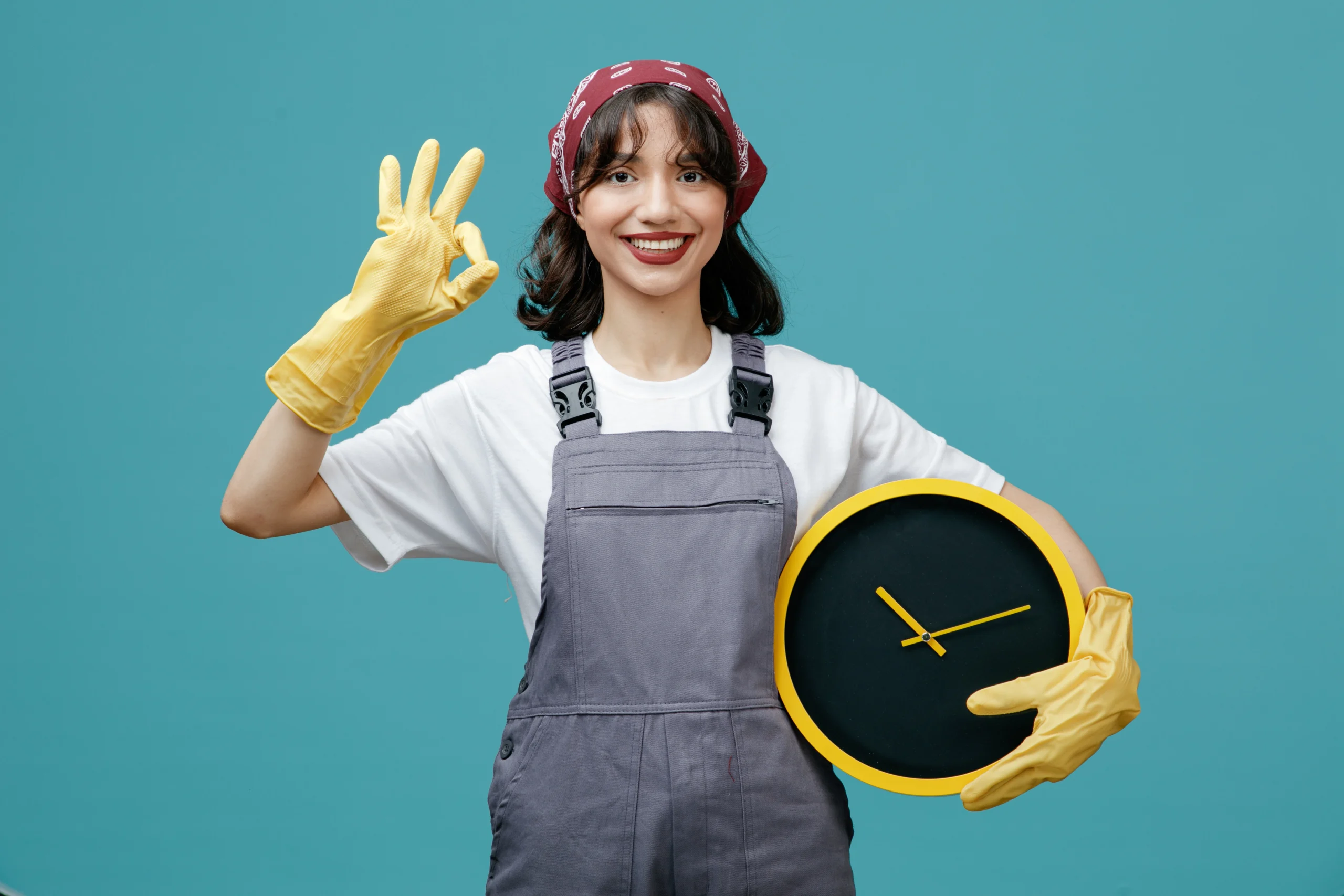 Woman in gray overalls and yellow gloves, holding a black clock with a yellow rim, giving an okay sign.