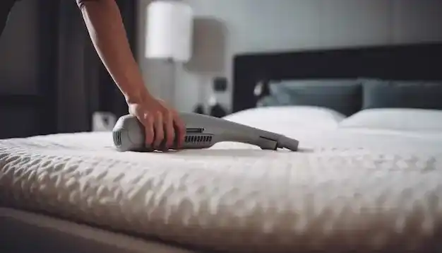 Young woman making bed and arranging bedding for a clean and cozy home environment.