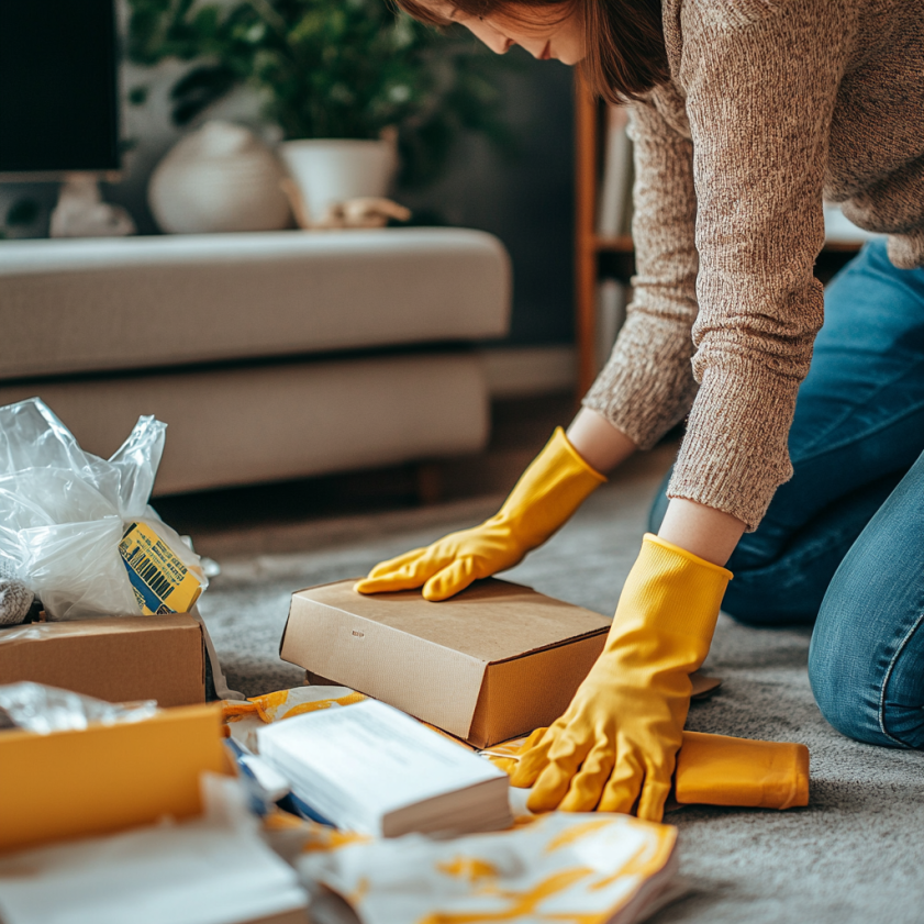 Woman decluttering living room before deep clean a full house