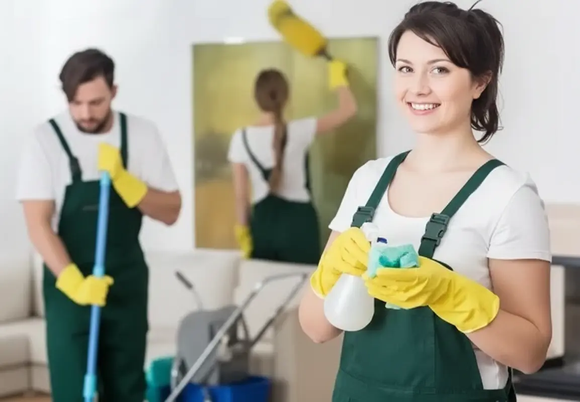 How much can a cleaner do in 1 hour two cleaners in green uniforms and yellow gloves cleaning a living room, one holding a spray bottle and cloth, the other mopping in the background.