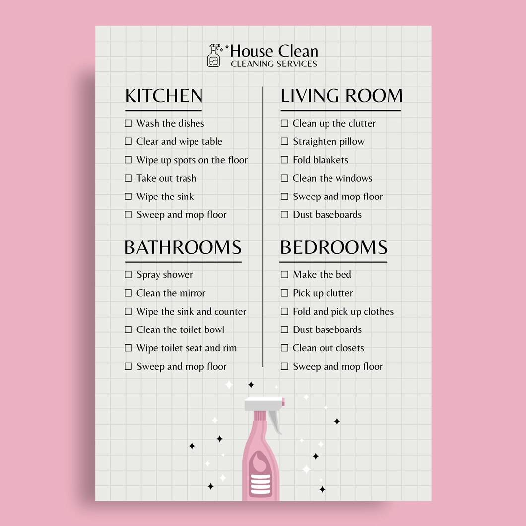 Checklist of cleaning tasks for kitchen, living room, bathrooms, and bedrooms.