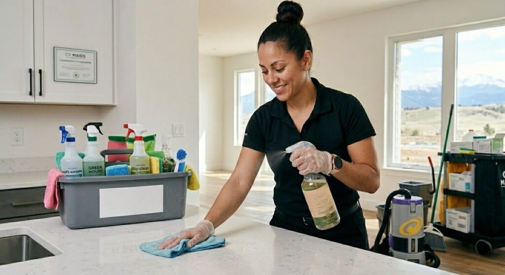 A professional CR Maids cleaner using eco-friendly green cleaning products in a Denver home