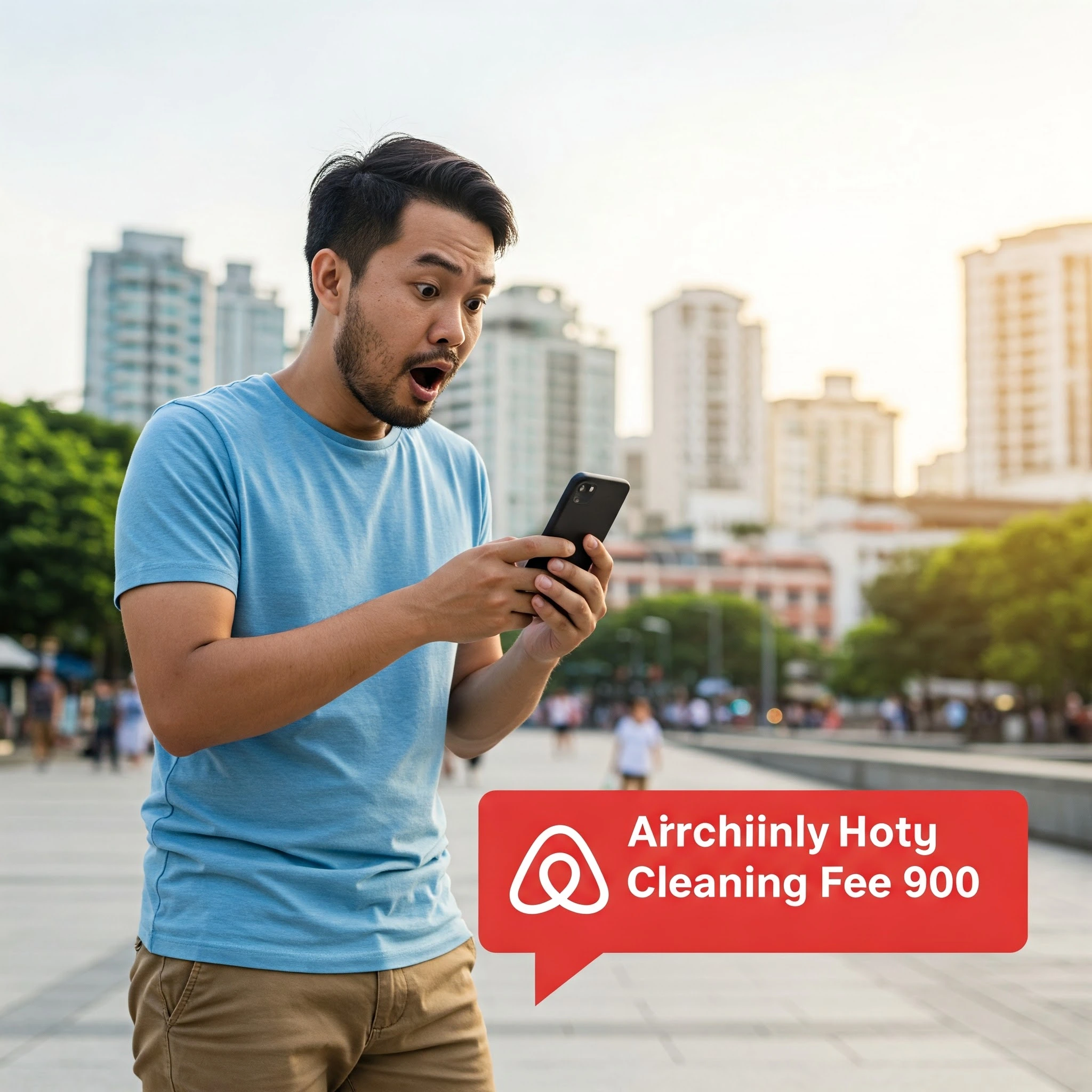 Airbnb-cleaning-fee-surprise Travelers shocked by high Airbnb cleaning costs on their phone.