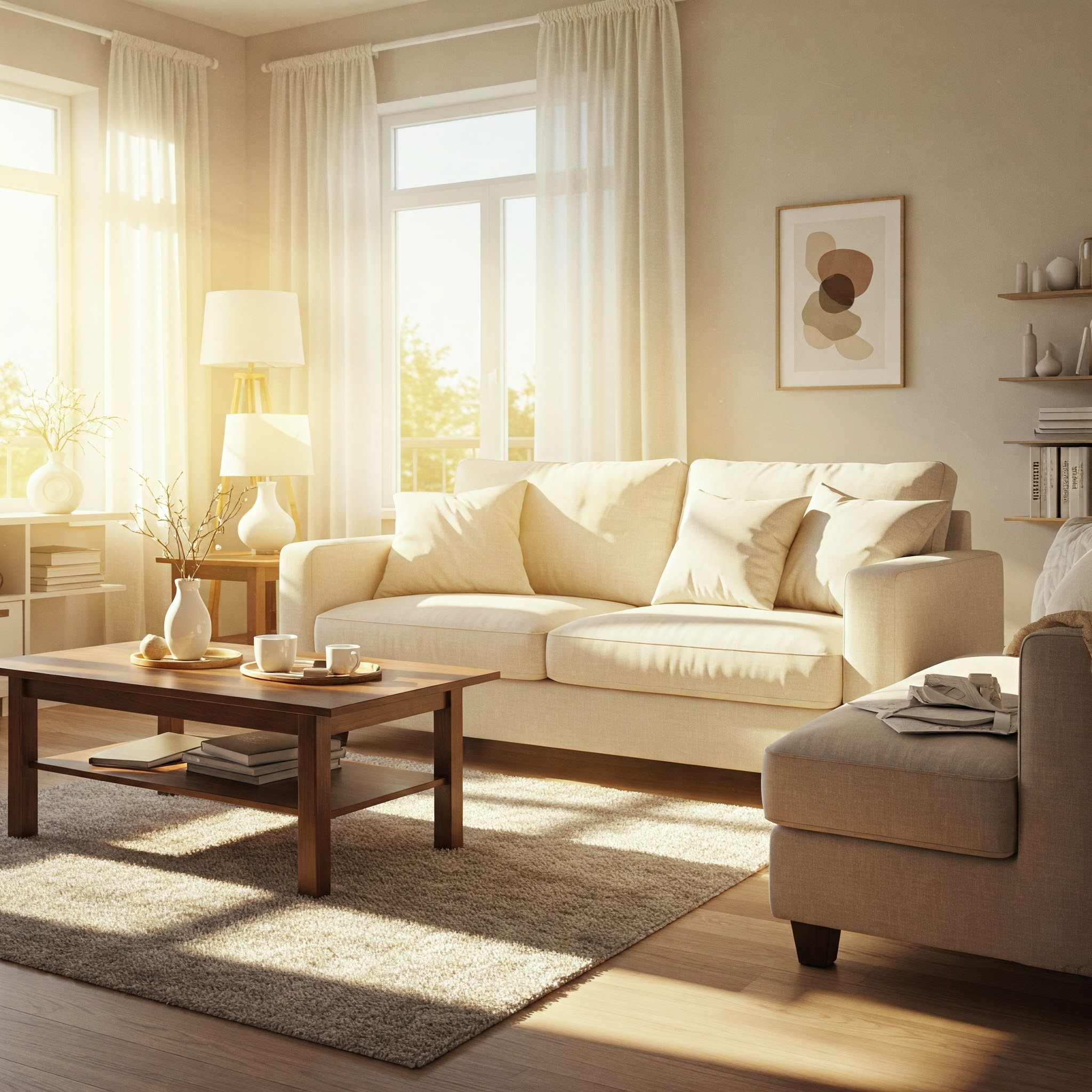 Best-Maid-Service-Benefits Sunlight shining on spotless living room, indicating the benefits of a best maid service.