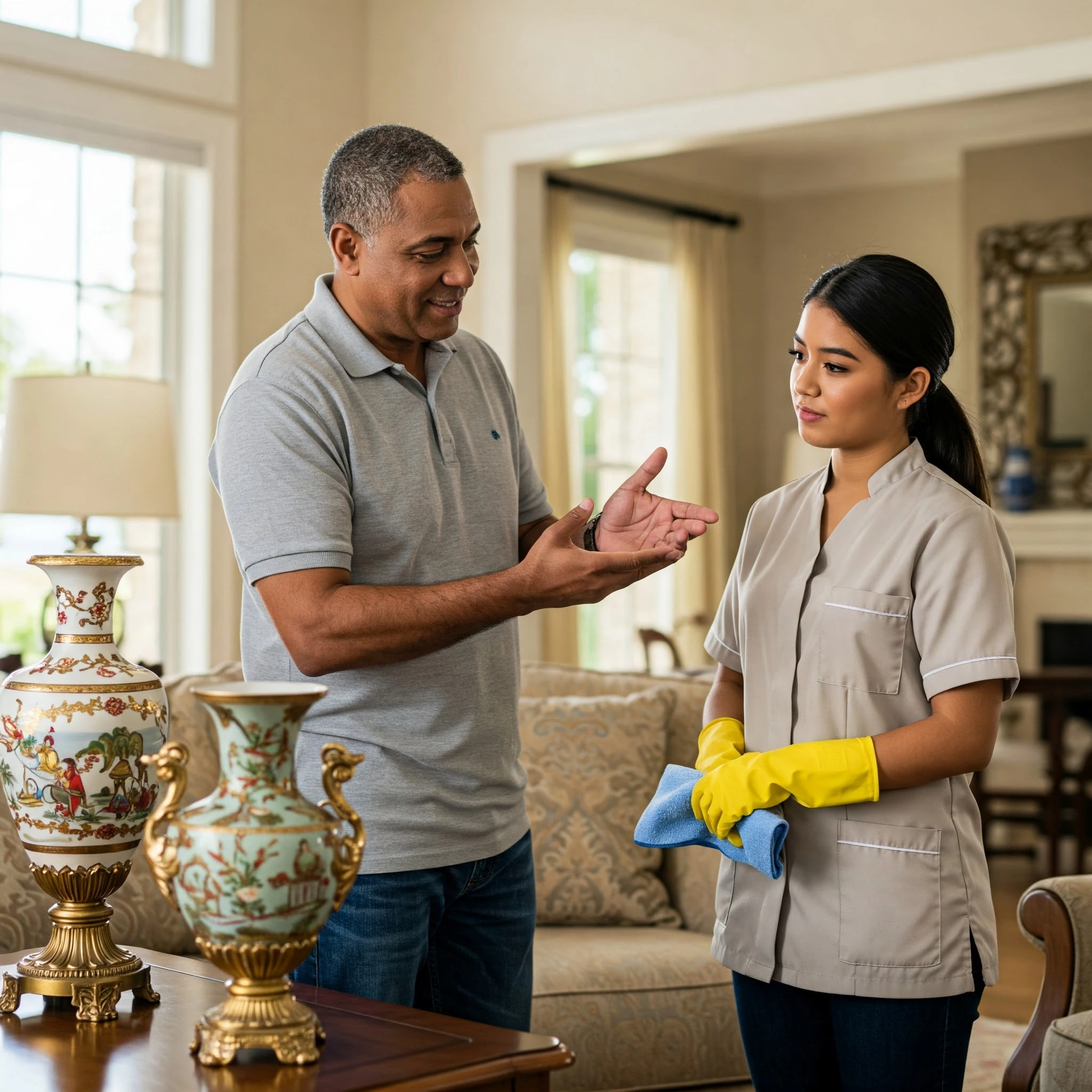 Communicating-Effectively-with-Maid-Staff Communicating with Maid Staff. Homeowner calmly communicating cleaning instructions to maid staff.
