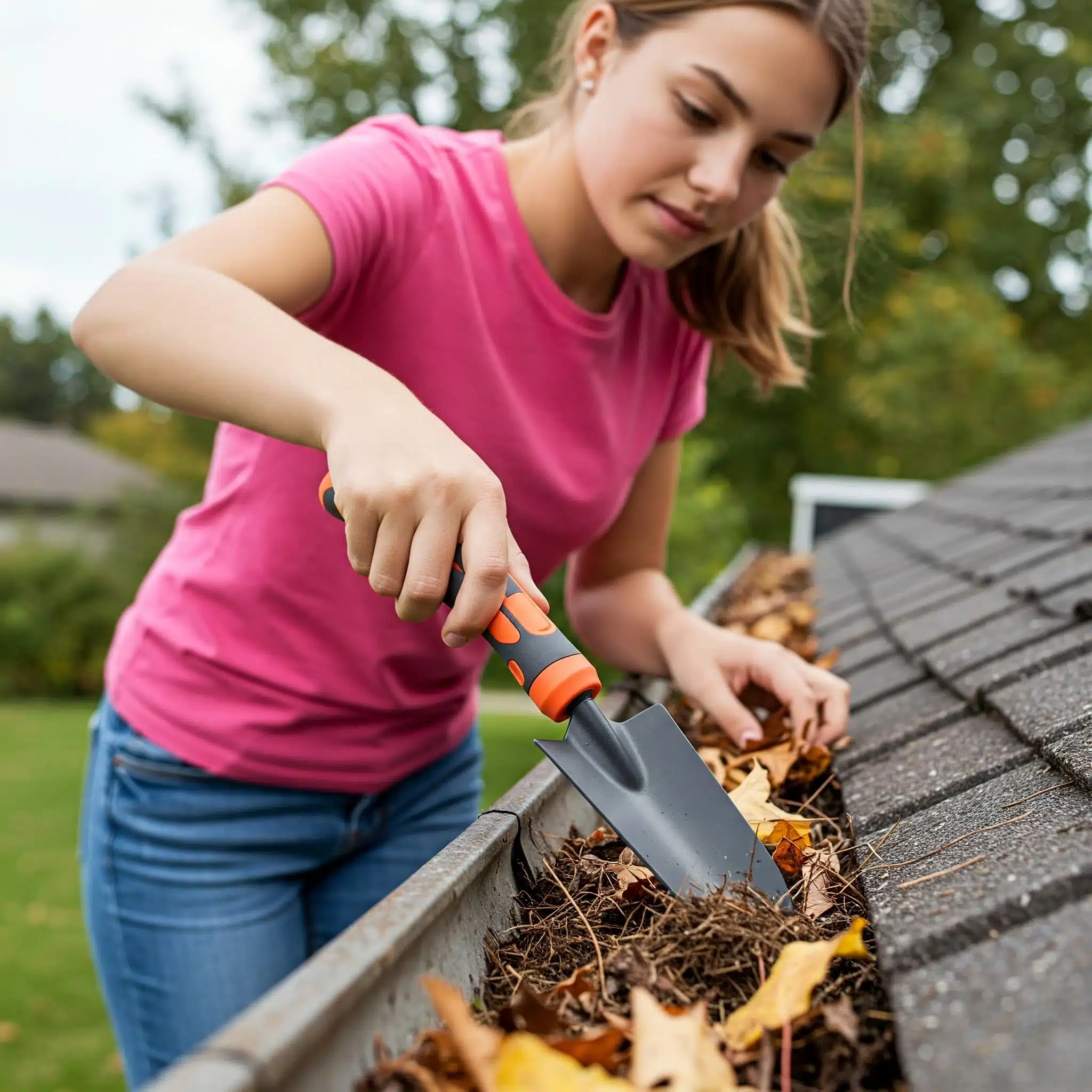 DIY-gutter-cleaning-tools A homeowner uses a small shovel to scoop leaves and debris out of a clogged gutter. Diy gutter cleaning guide.