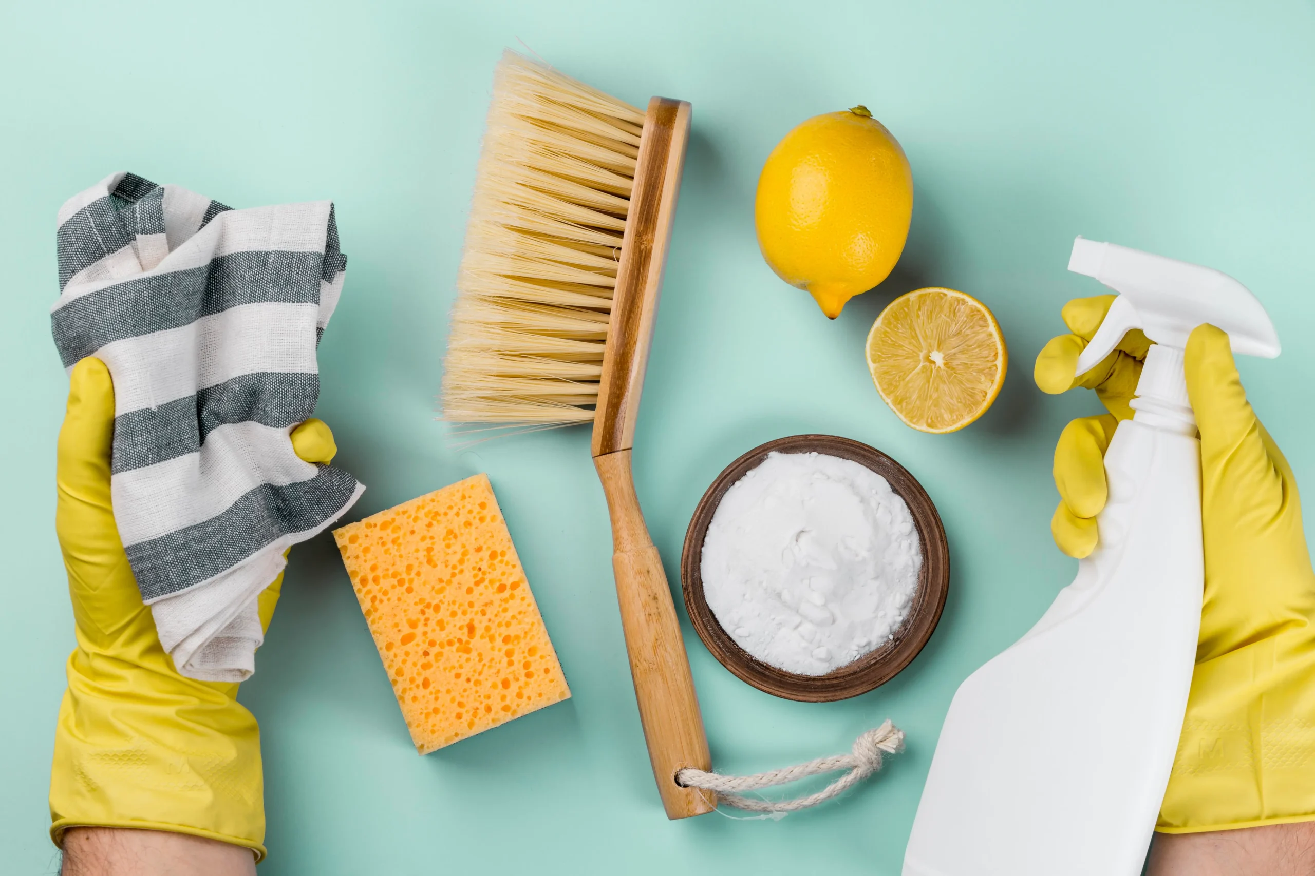 DIY-vs.-Professional-Cleaning-Natural-Home-Solutions Professional maid services or DIY cleaning. Eco-Friendly DIY Cleaning Supplies on Light Blue Background.