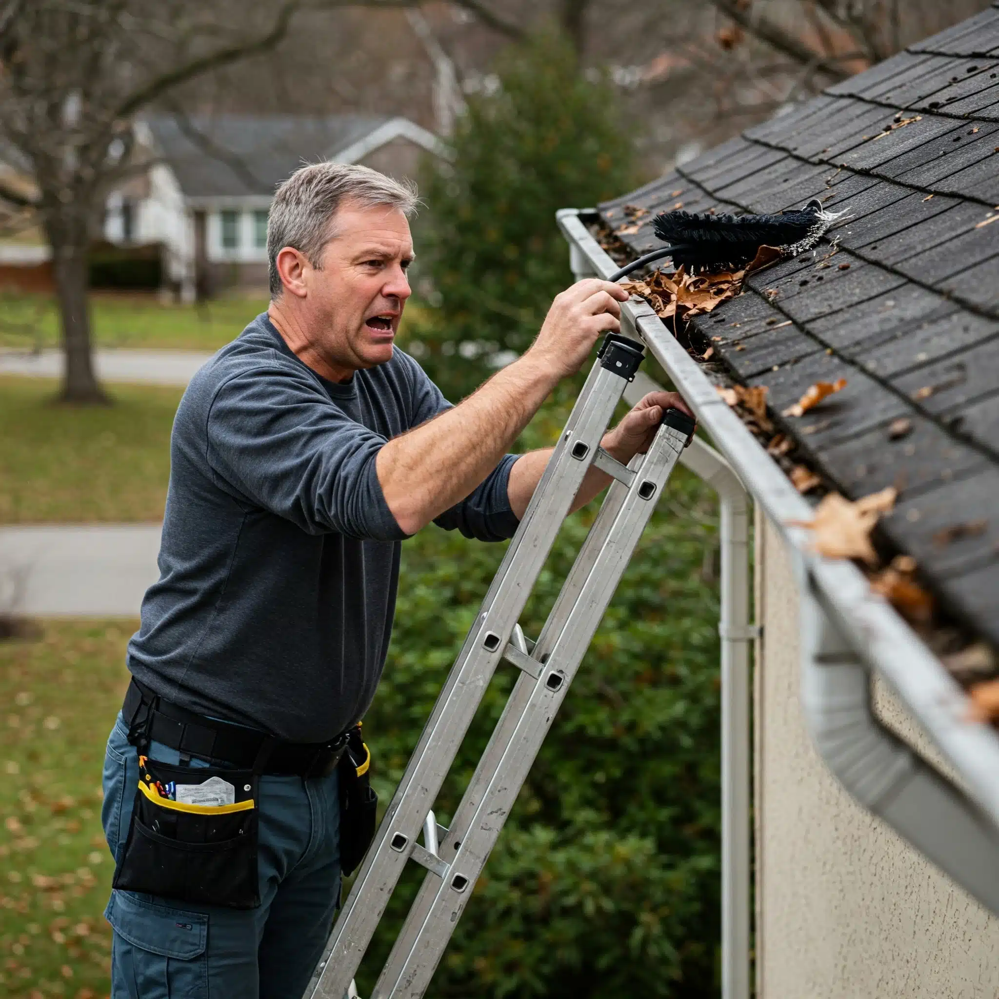 The risks of DIY gutter cleaning are real: This image shows someone struggling on a ladder. Avoid falls and injuries; hire a professional for safe gutter maintenance.