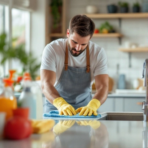 A cleaner hourly rate wiping down a kitchen counter.