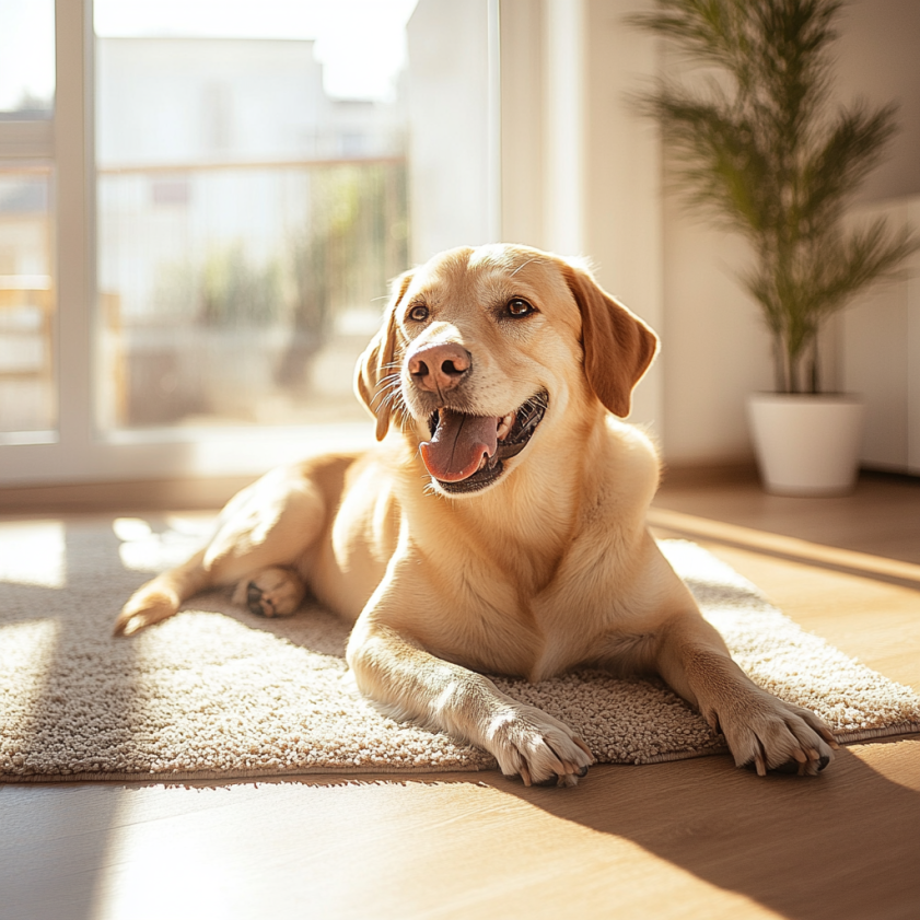 Dog Relaxing in Cleaned Room : Pet-Friendly House Cleaning. Dog relaxing on clean rug, pet-friendly house cleaning Highlands Ranch, CO.