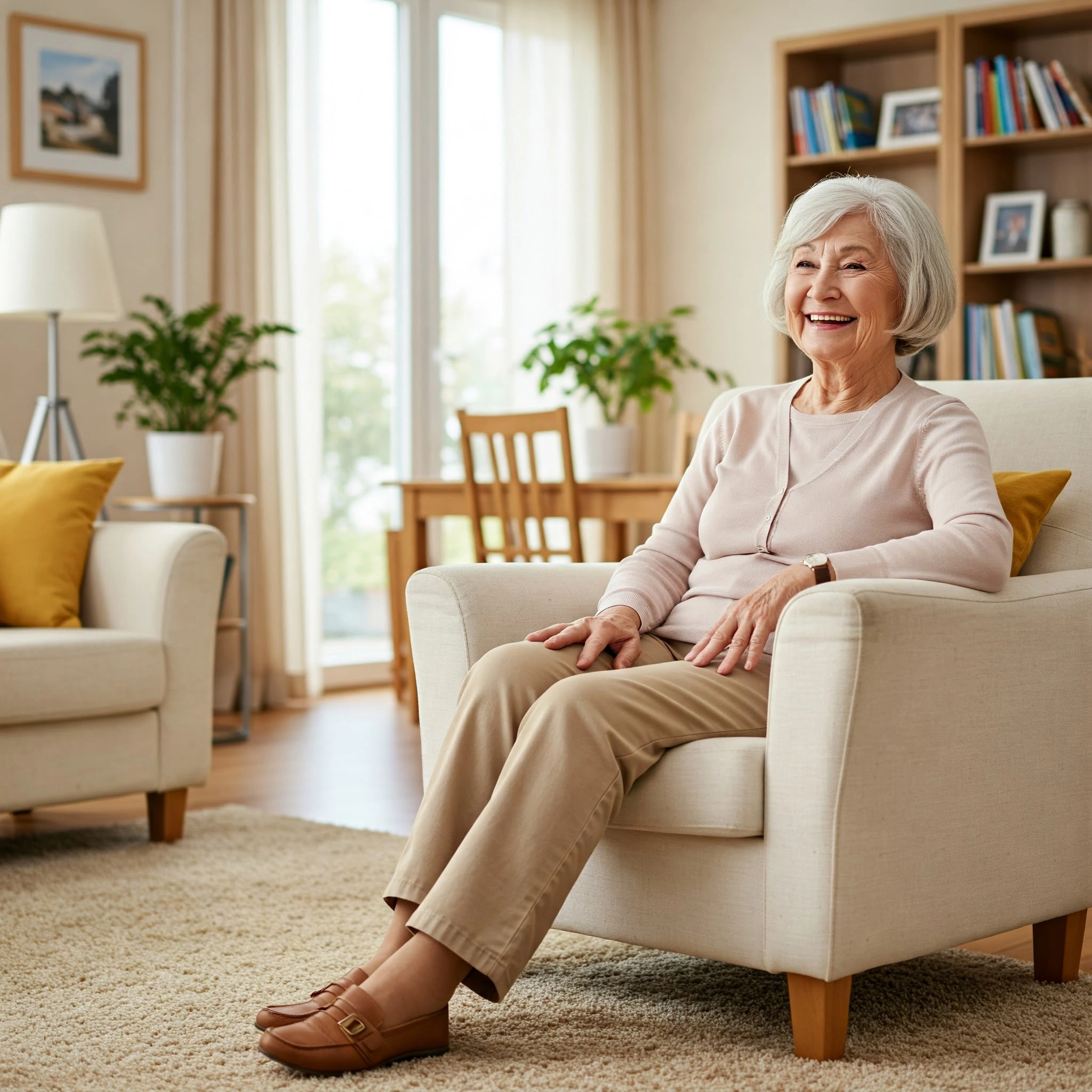 Elderly-woman-enjoying-clean-home.jpg Elderly woman relaxing in a clean and tidy home thanks to a professional maid service.