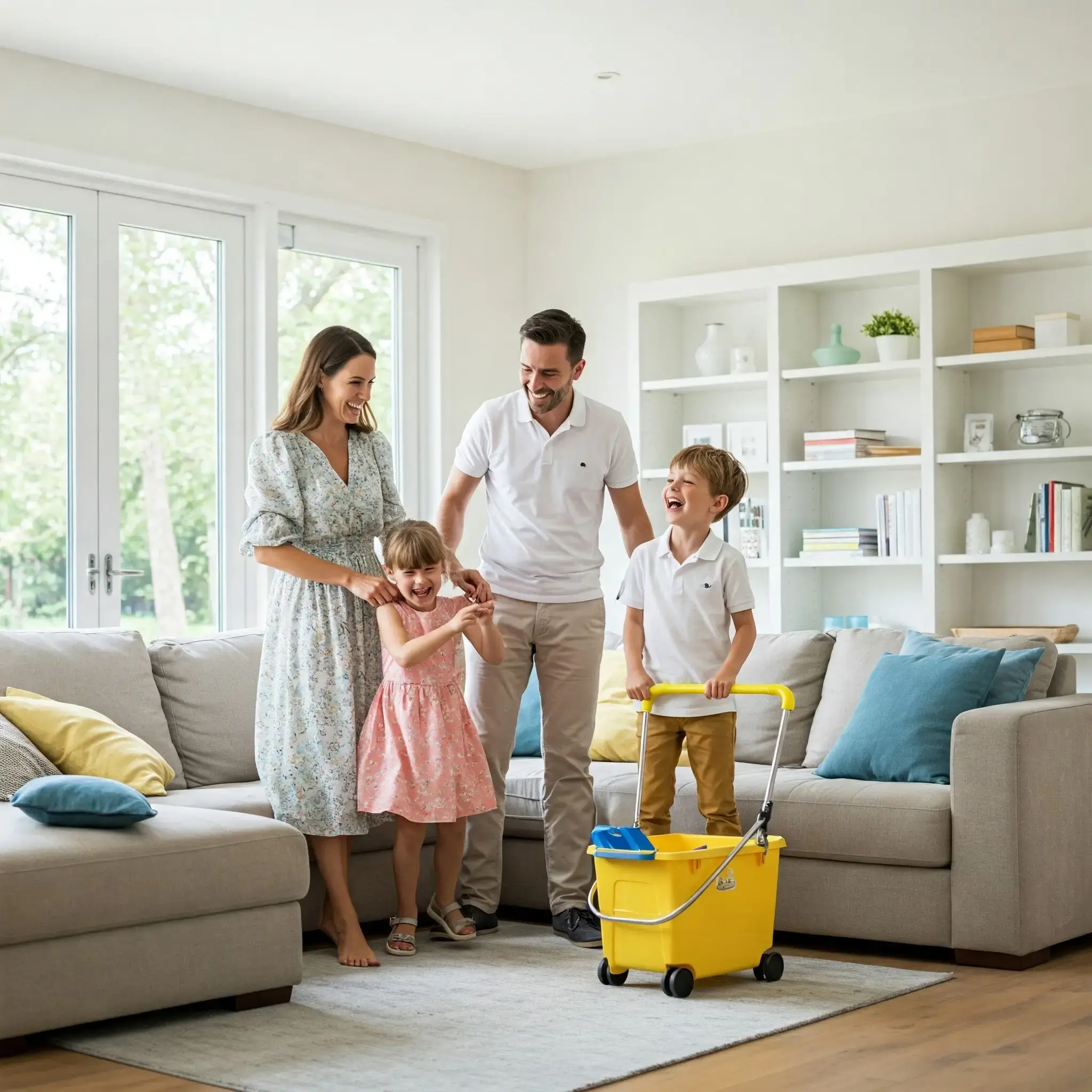 Happy-Family-in-Clean-Home-After-Maid-Service Happy family enjoying a clean home after professional maid service