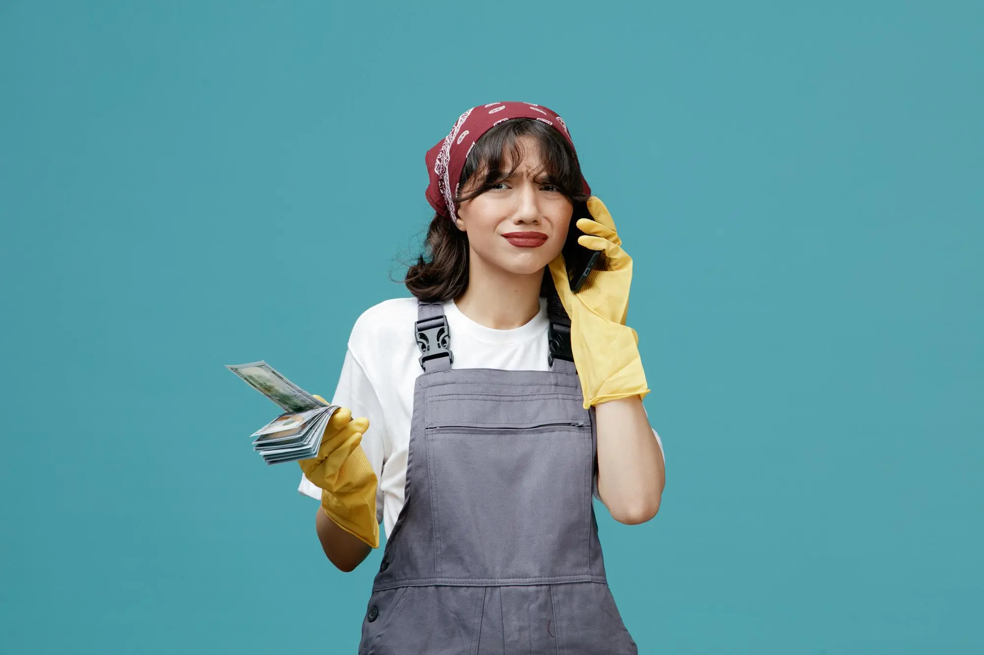 A female cleaner wearing rubber gloves, holding money while talking on the phone with a puzzled expression.