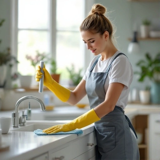 Maid-Housekeeping-Services-Improving-Home-Hygiene Maid housekeeping for home hygiene. Professional Housekeeper Sanitizing Kitchen Counter.