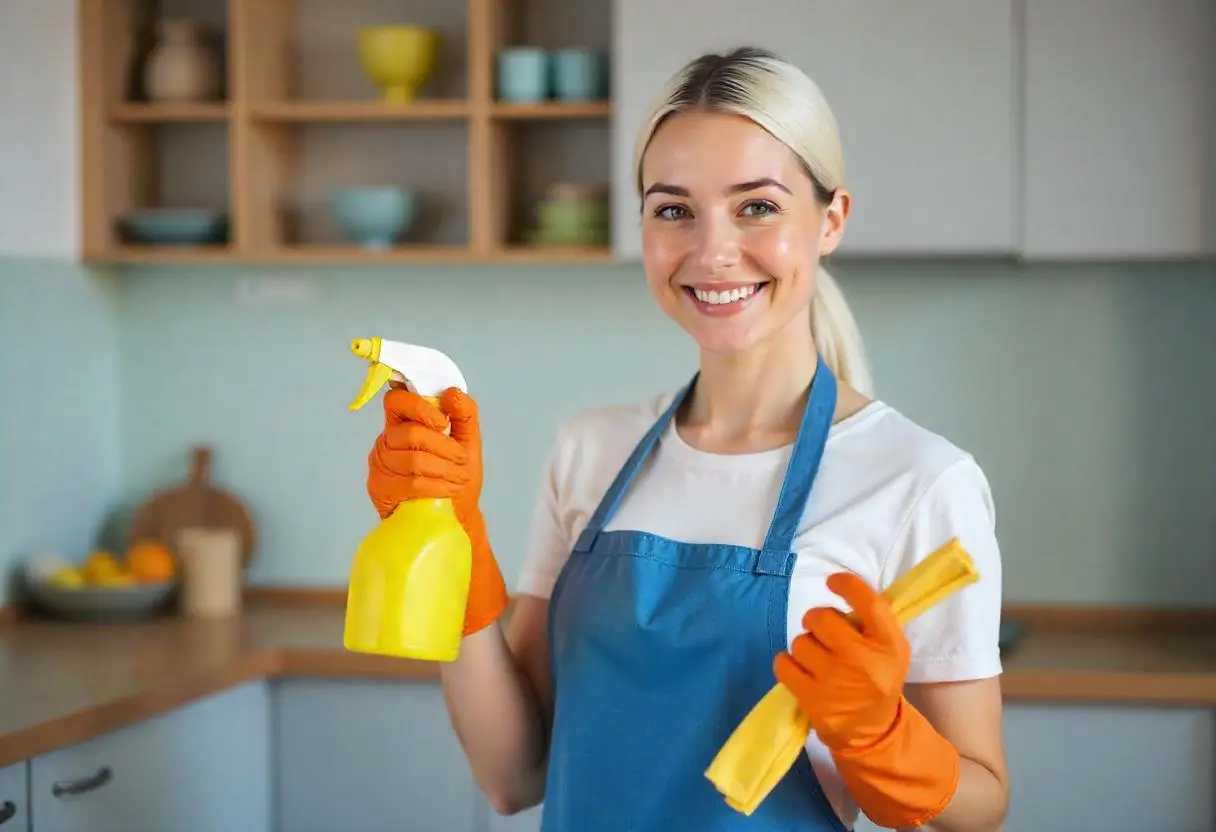 Maintaining-a-Fresh-and-Spotless-Kitchen Professional house cleaning. A professional cleaner holding a cleaning spray bottle and a cloth, standing in a well-lit and tidy kitchen.