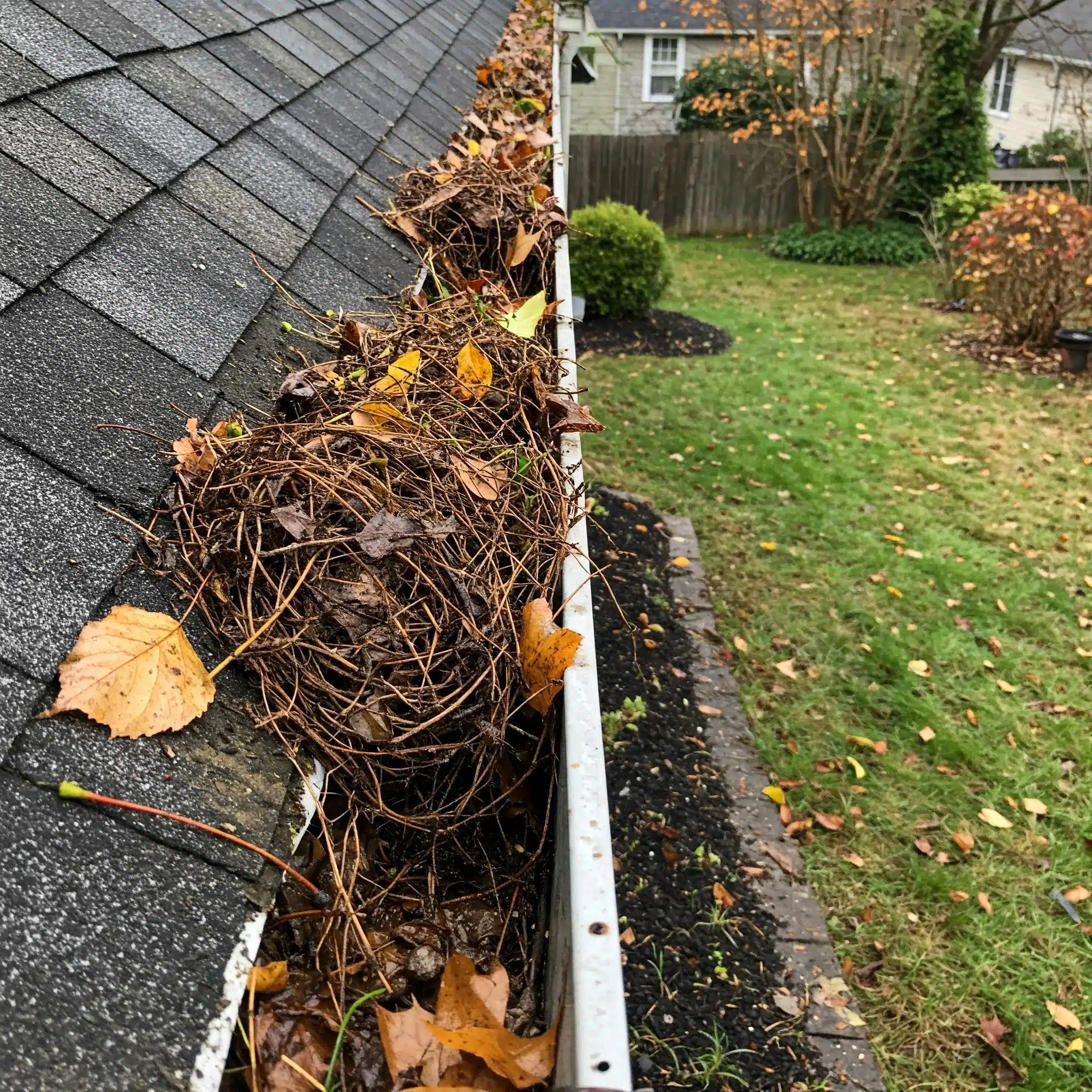 Overloaded Gutter with Leaves Showing Need for Maintenance