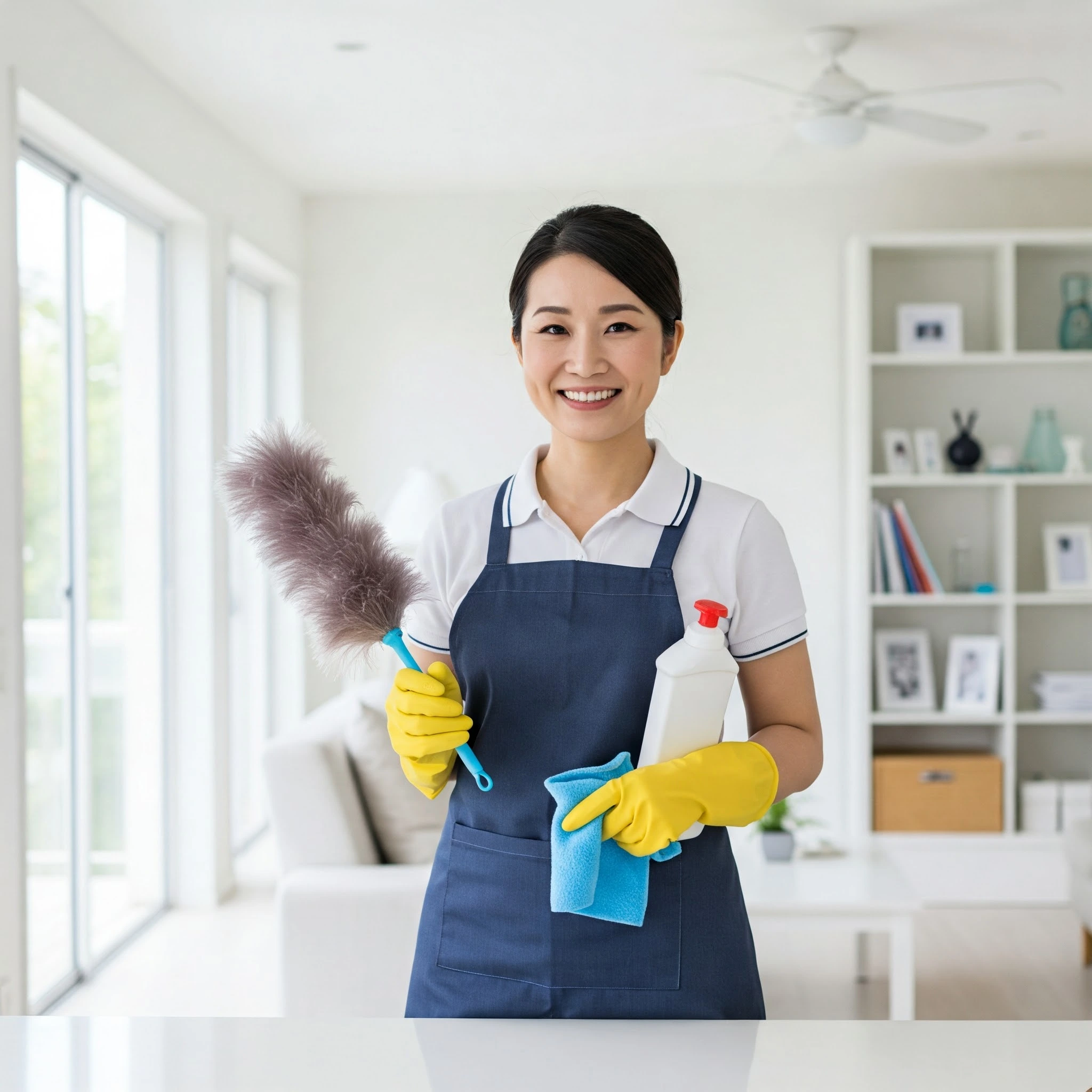 Maid Housekeeping Etiquette. Friendly housekeeper smiling in clean home.