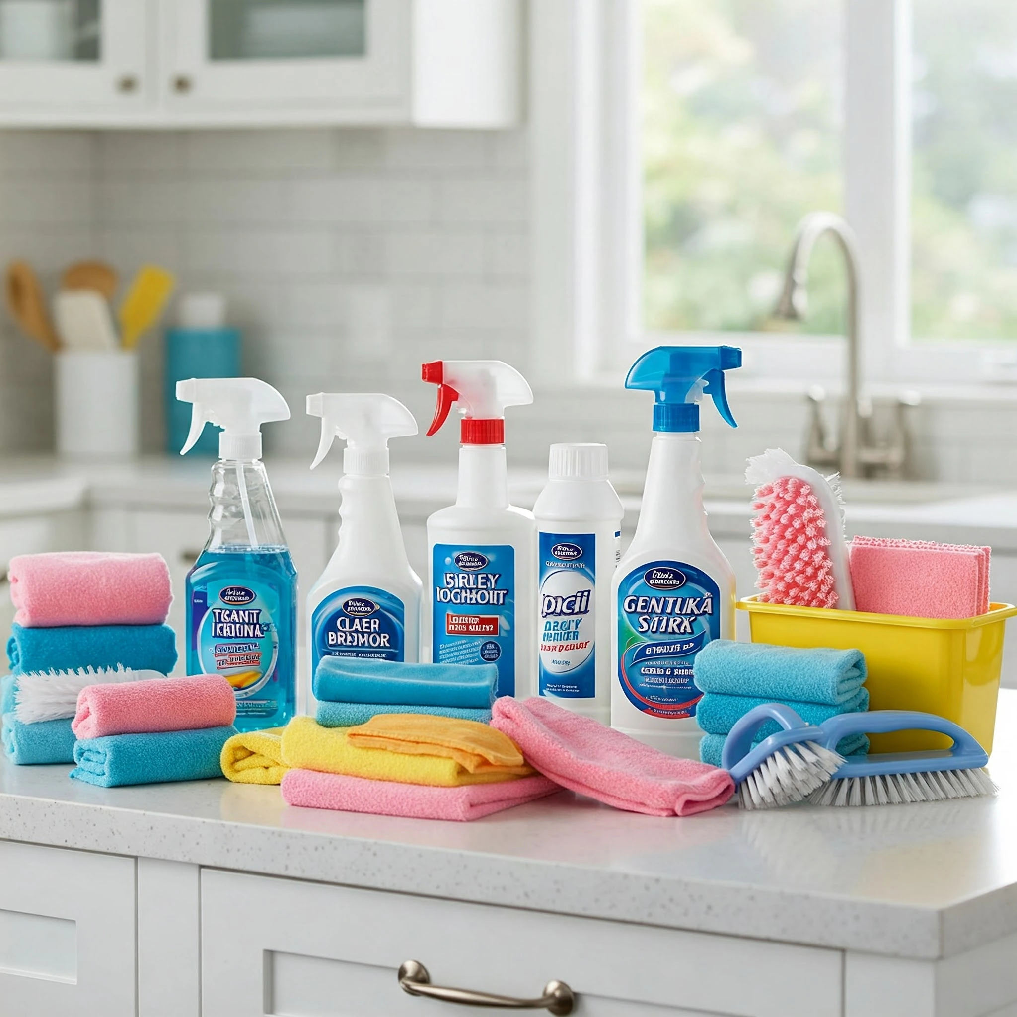 Quick Clean vs Deep Clean. Cleaning supplies for quick clean and deep clean comparison.