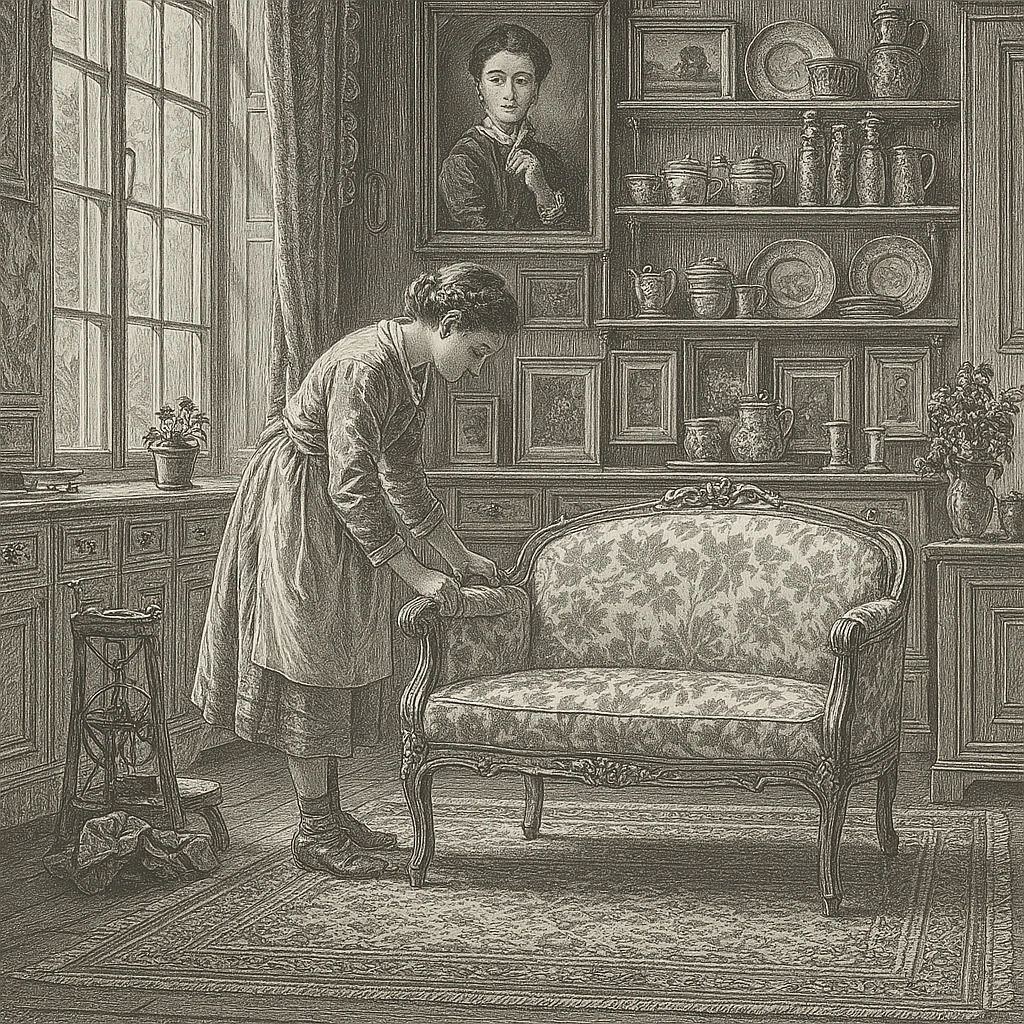 History of maid housekeeping services. Vintage black-and-white illustration of a girl tidying a furnished room with antique decor.