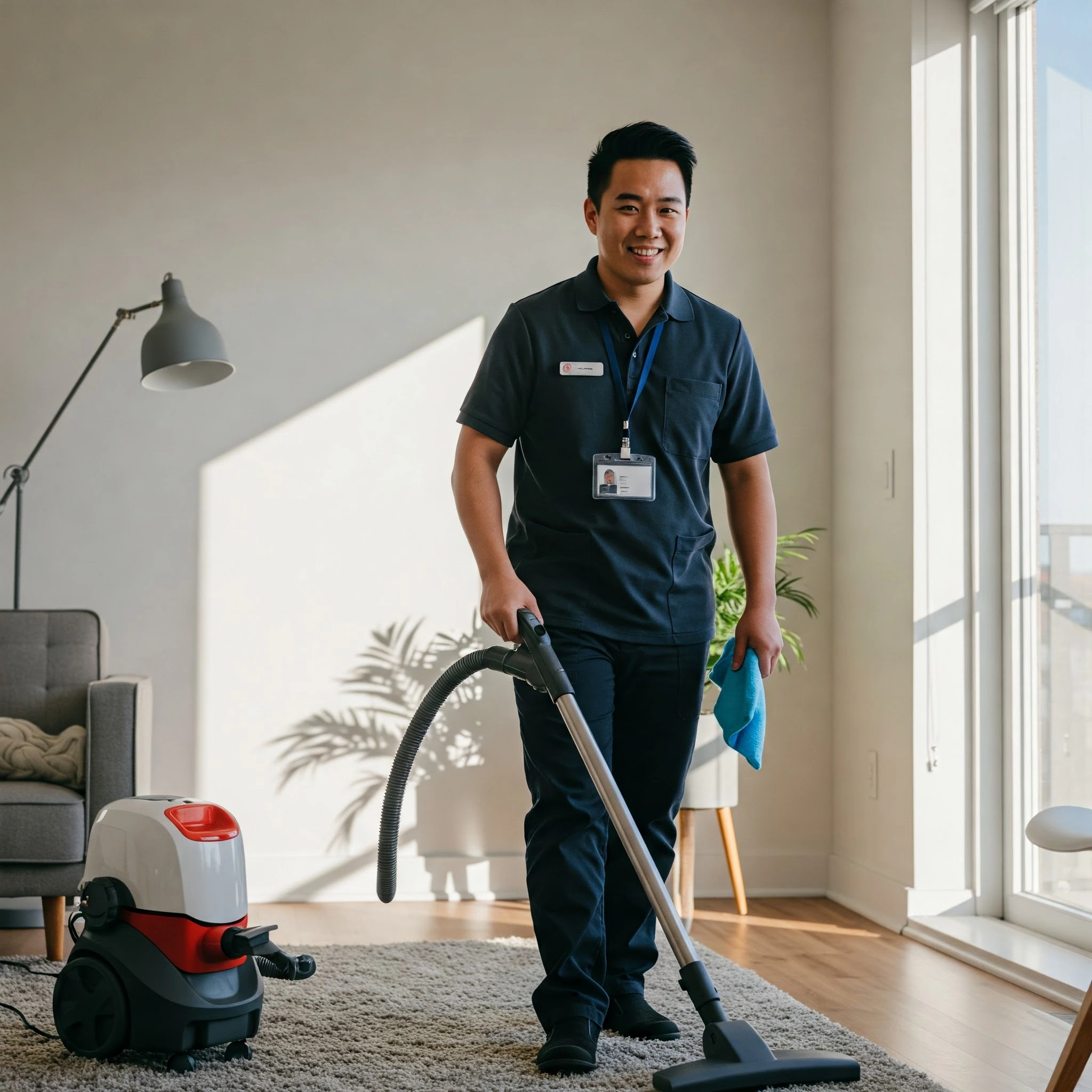 airbnb-cleaning-jobs-profitability Airbnb cleaner smiling in a clean rental unit.