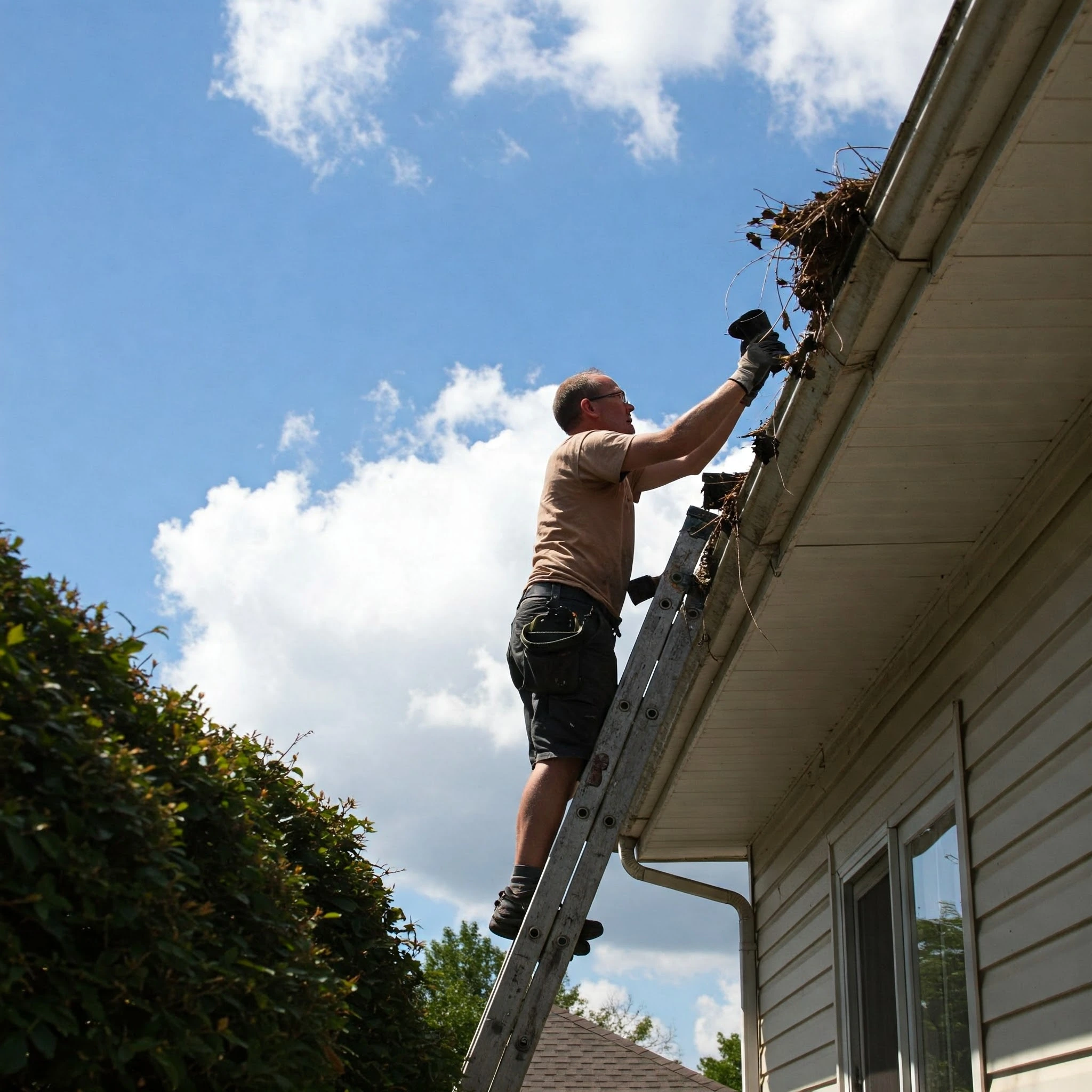 DIY gutter cleaning dangers: Person on ladder. Hire professionals instead.