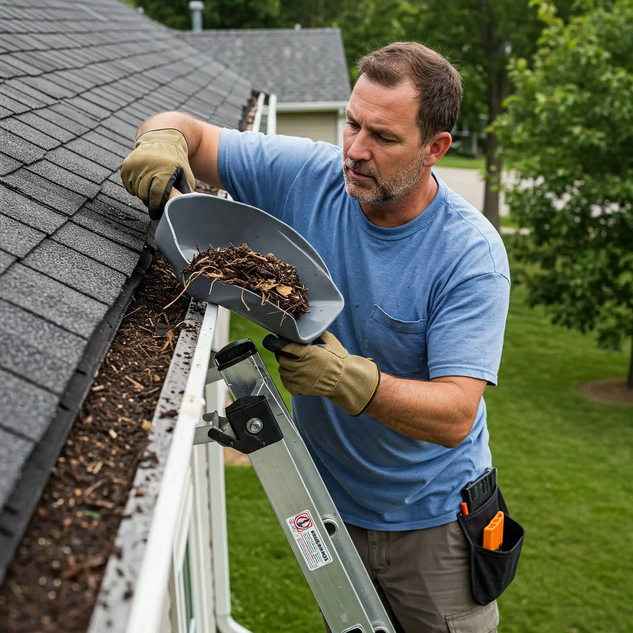 essential-gutter-cleaning-tools.jpg A man stands on a ladder, using a scoop to clean leaves and debris out of a home's gutters.