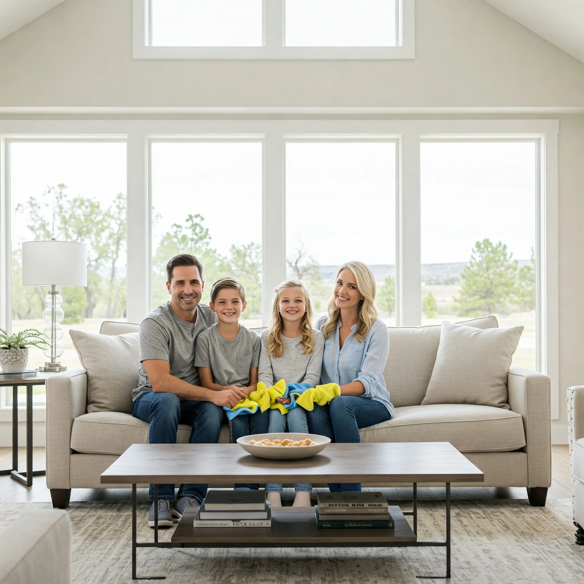Highlands Ranch best maid service. Happy family in a clean home, highlighting the family-safe benefits of a Highlands Ranch maid service.