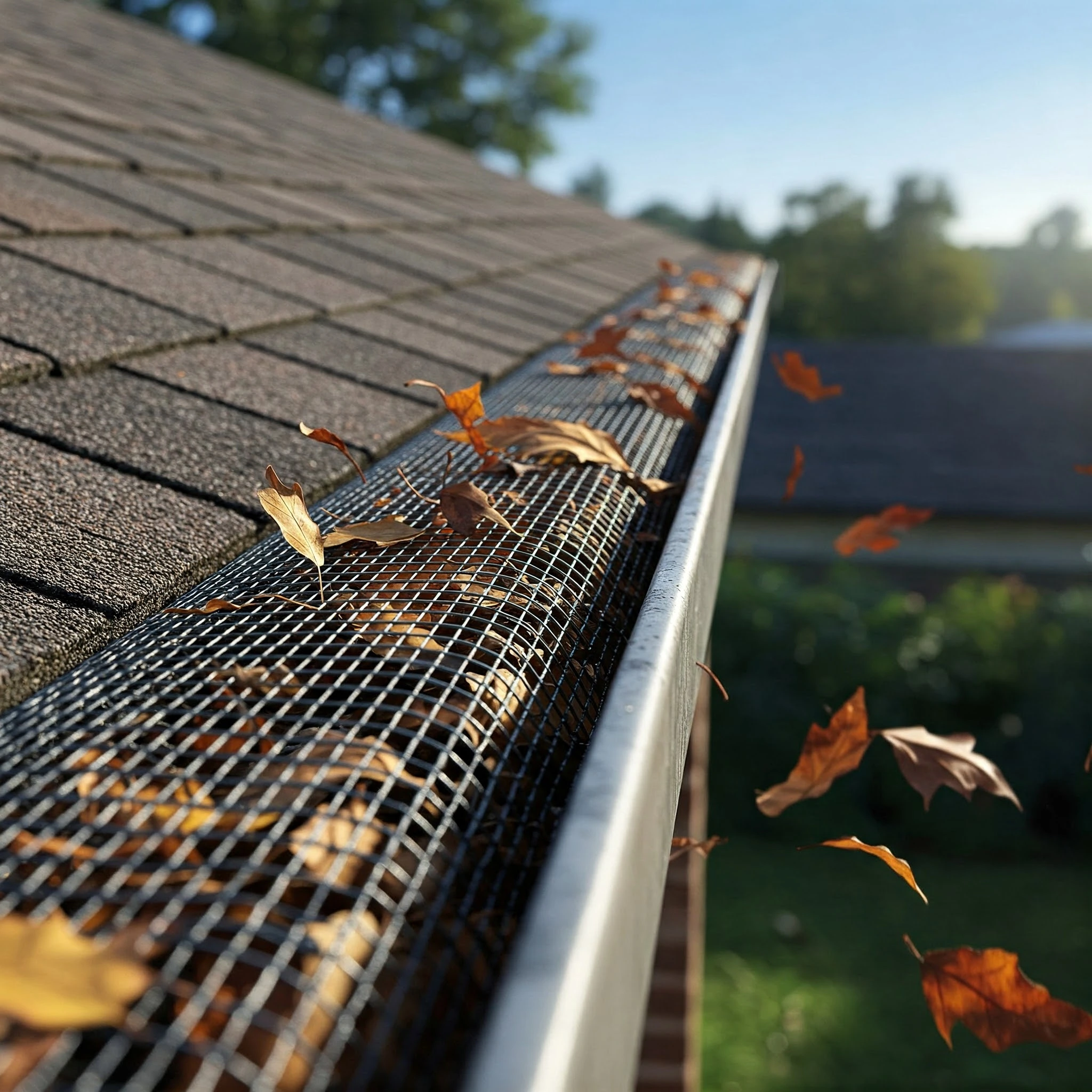 Gutter guard installed, showing effectiveness in preventing debris buildup.