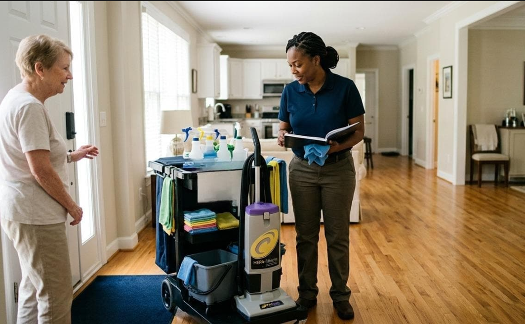 maid-housekeeping-etiquette-cr-maids.jpg A professional house cleaner organizing cleaning supplies before starting a home cleaning session
