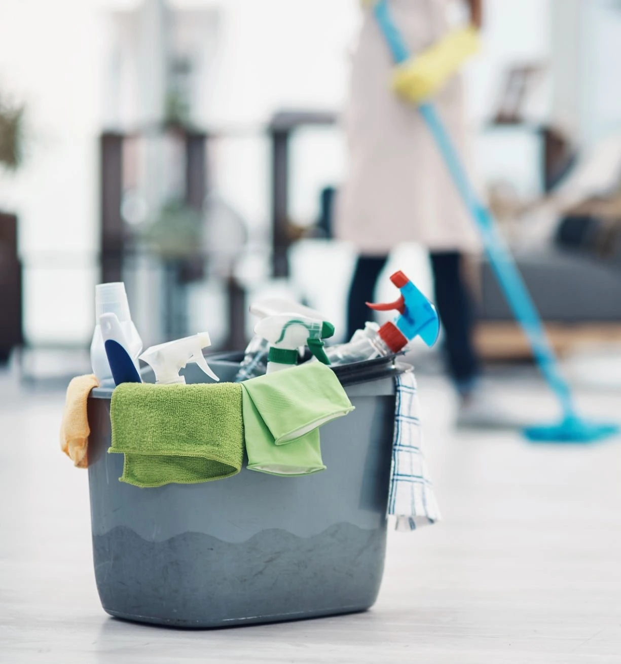 Professional house cleaners working in a luxury home with a stunning mountain view.