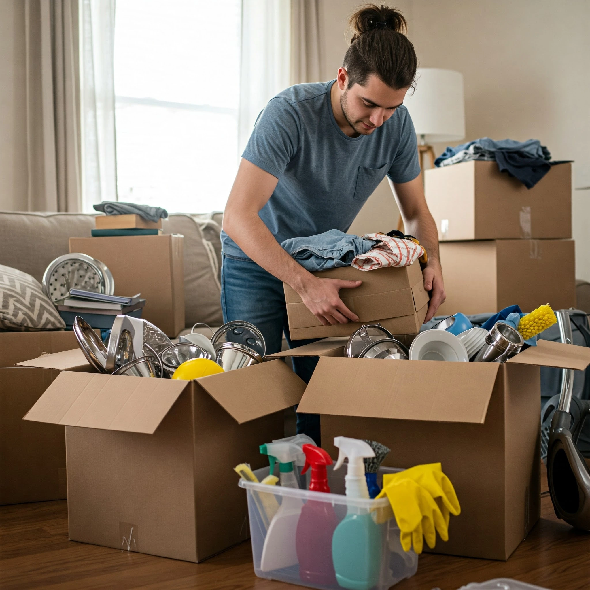 Move-Out Cleaning. Person packing boxes and cleaning supplies for a move.