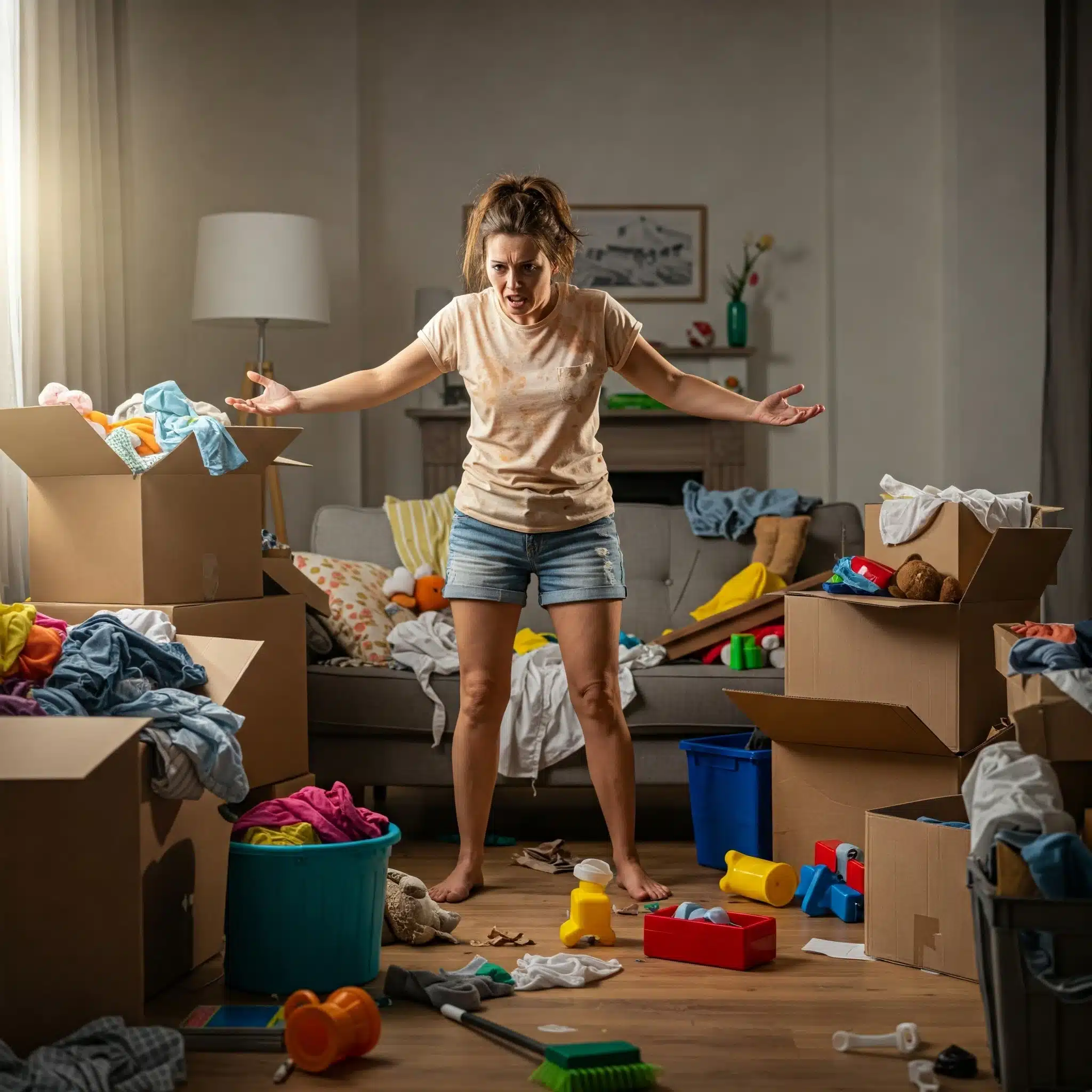 Frustrated homeowner surrounded by clutter and mess, representing the feeling of being overwhelmed by house cleaning. Consider hiring a professional cleaning service.