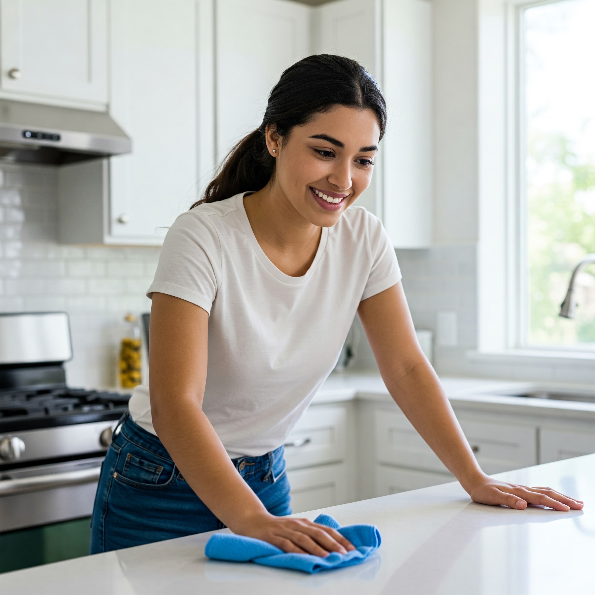 A person smiling while wiping down a kitchen counter with a cleaning cloth.