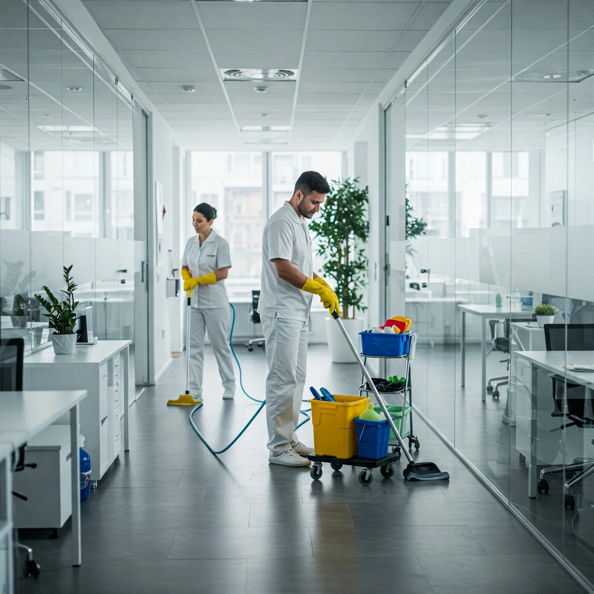 professional-commercial-housekeeping-services Office space being cleaned by commercial housekeeping service.