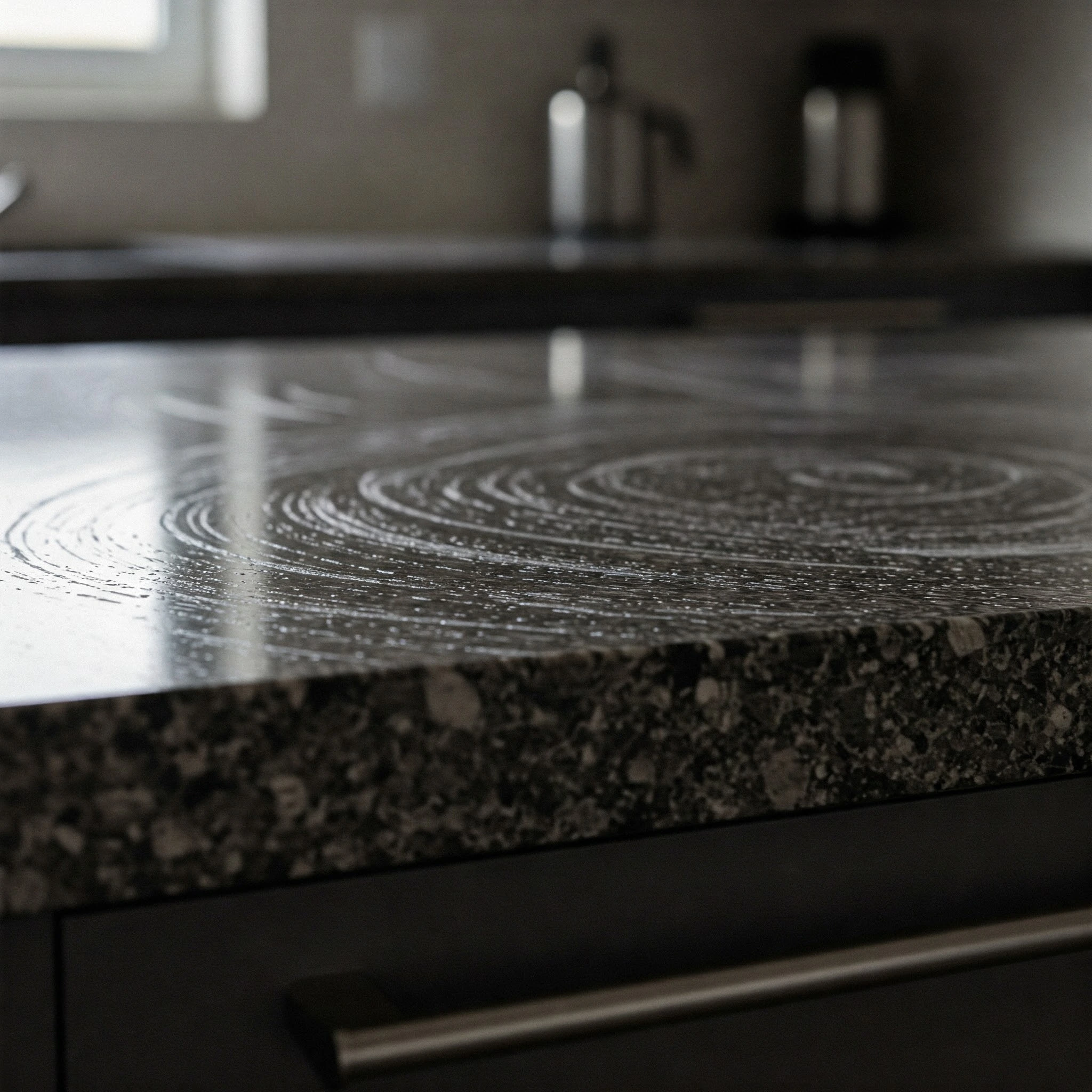 Close-up of sparkling clean kitchen counter after deep cleaning, highlighting the level of detail.