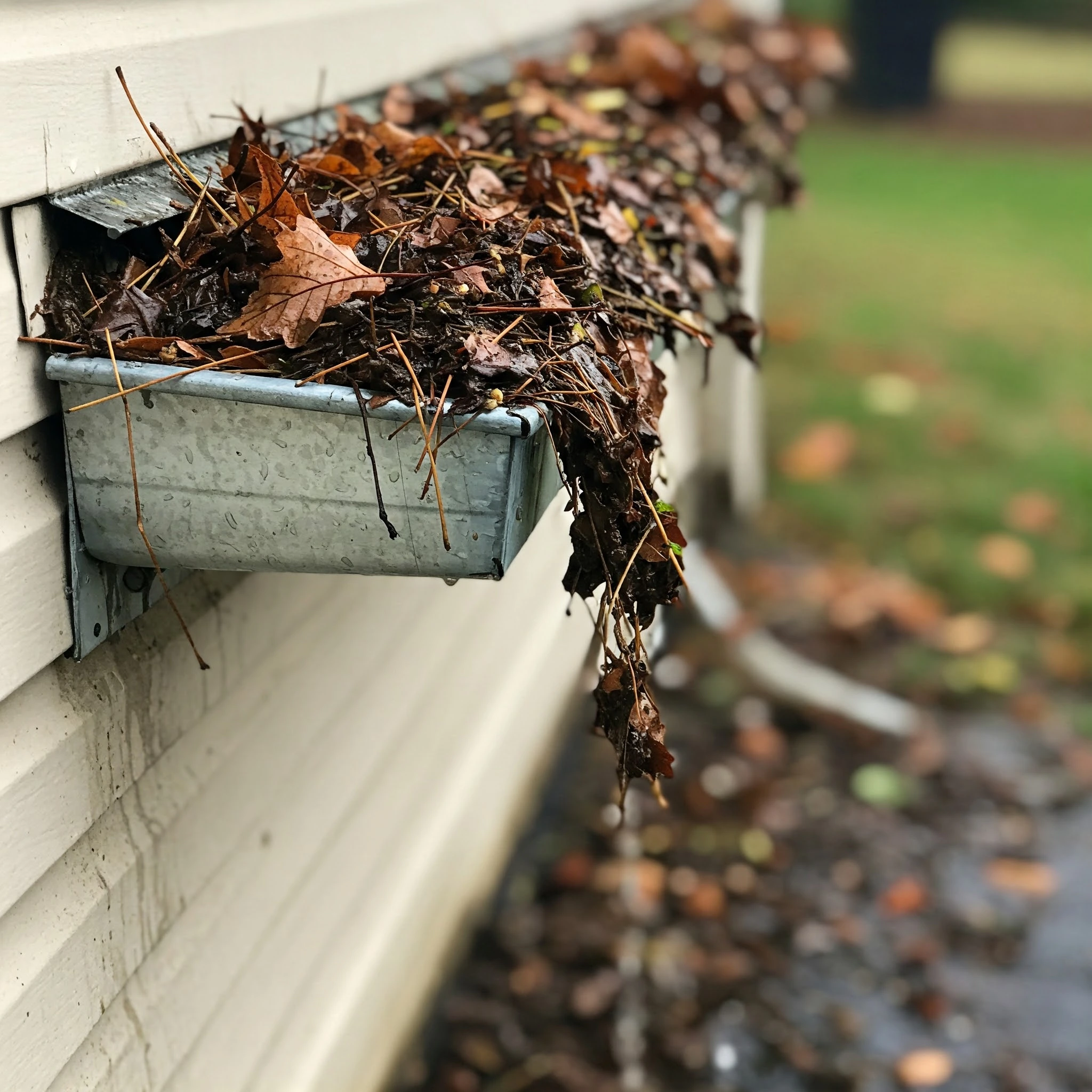Clogged gutter overflowing with leaves, gutter cleaning basics.
