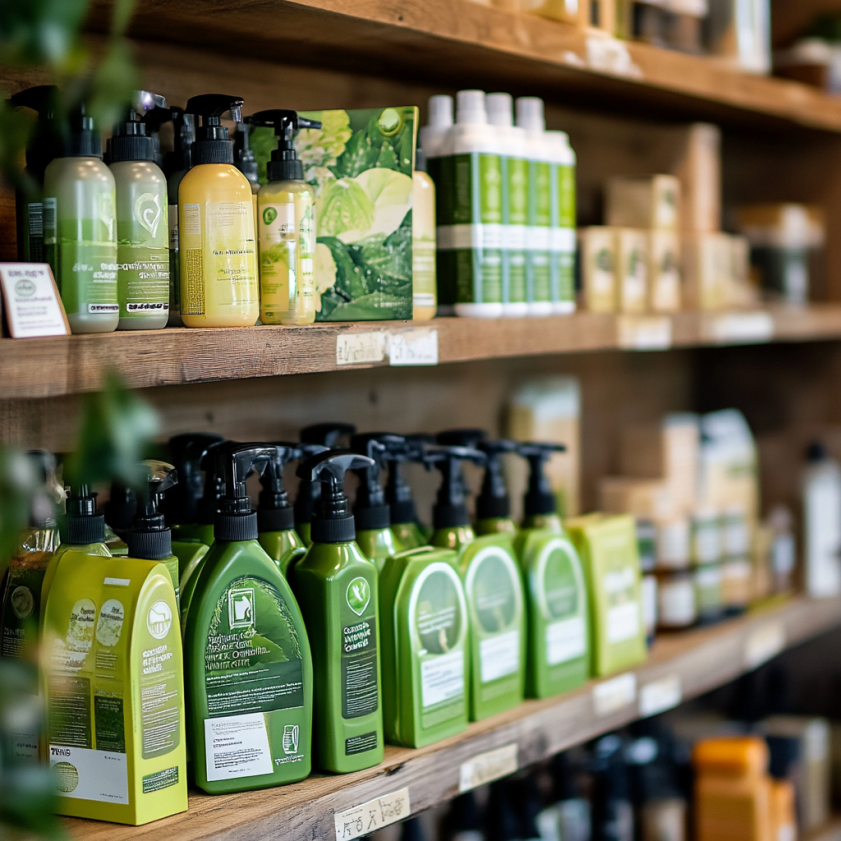 Eco-friendly cleaning products on a shelf in a Colorado apartment.