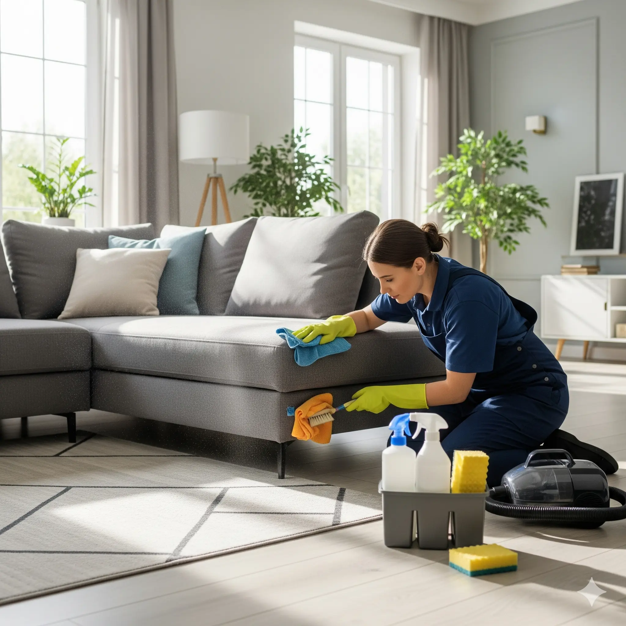 Professional cleaner performing deep house cleaning in a modern living room
