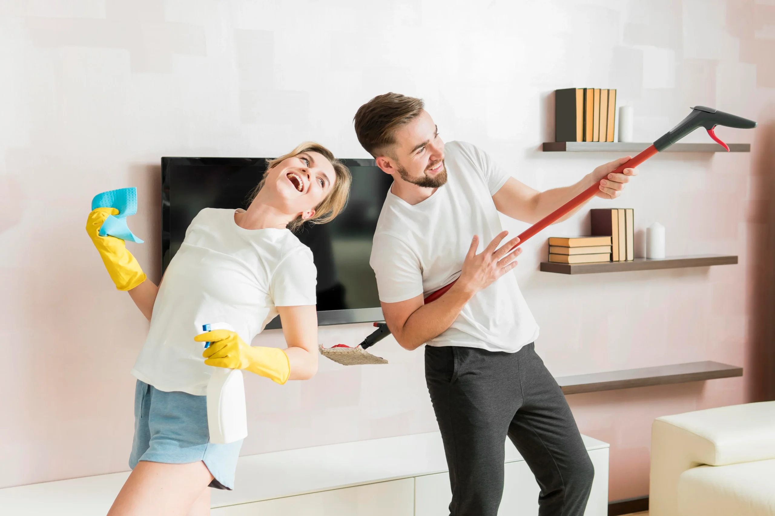 couple-indoors-fooling-around Professional cleaning team providing residential cleaning services inside a modern living room