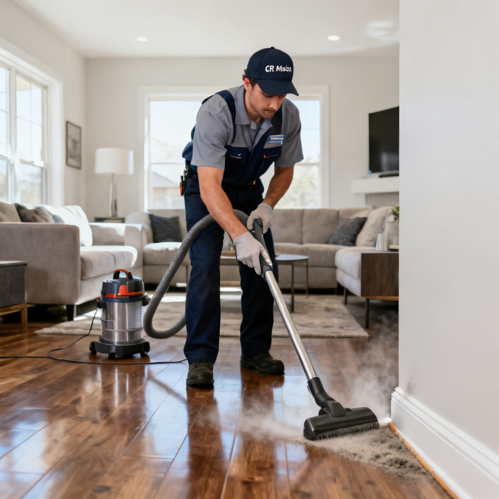 Professional cleaner doing best deep house cleaning a Castle Rock living room with HEPA vacuum
