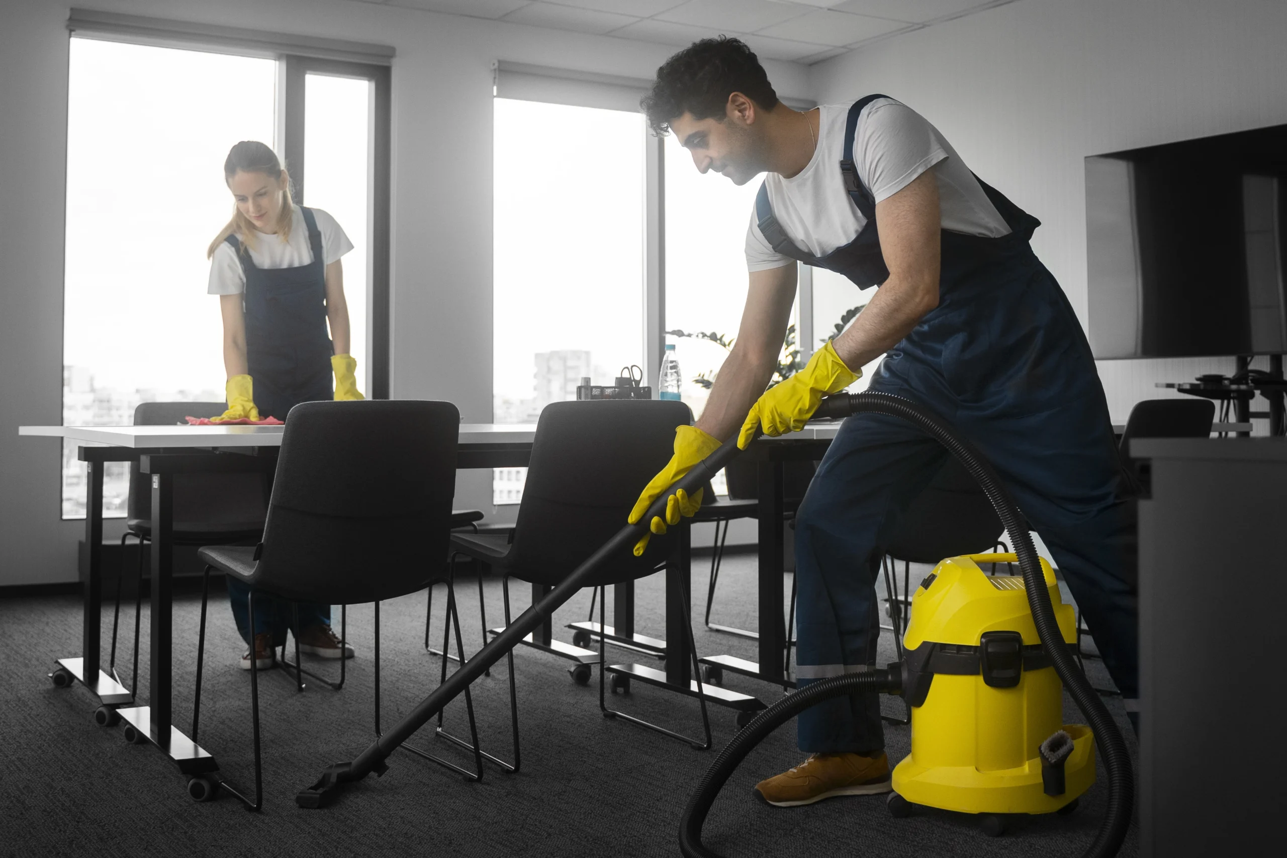 full-shot-people-cleaning-office Professional residential cleaners organizing and sanitizing a modern living room
