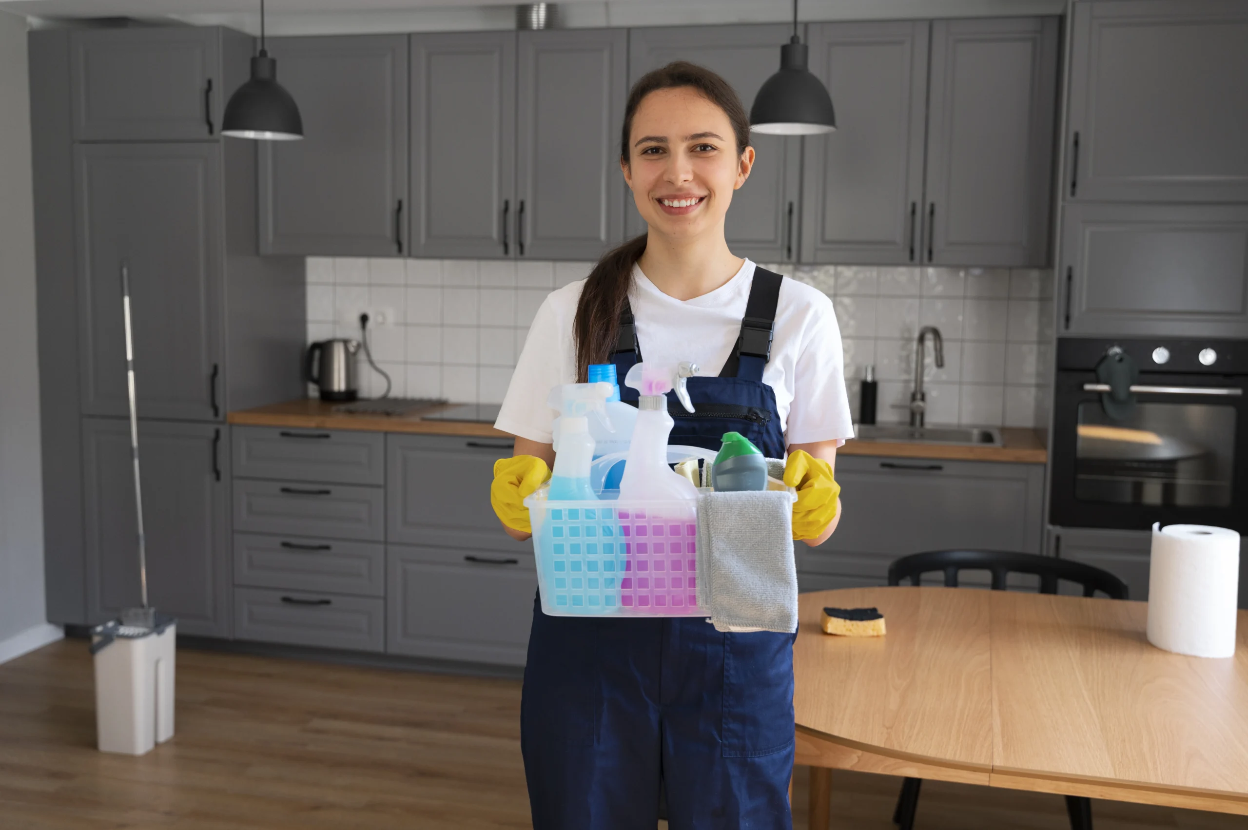 Professional cleaner with supplies arriving at a home for house cleaning near me service