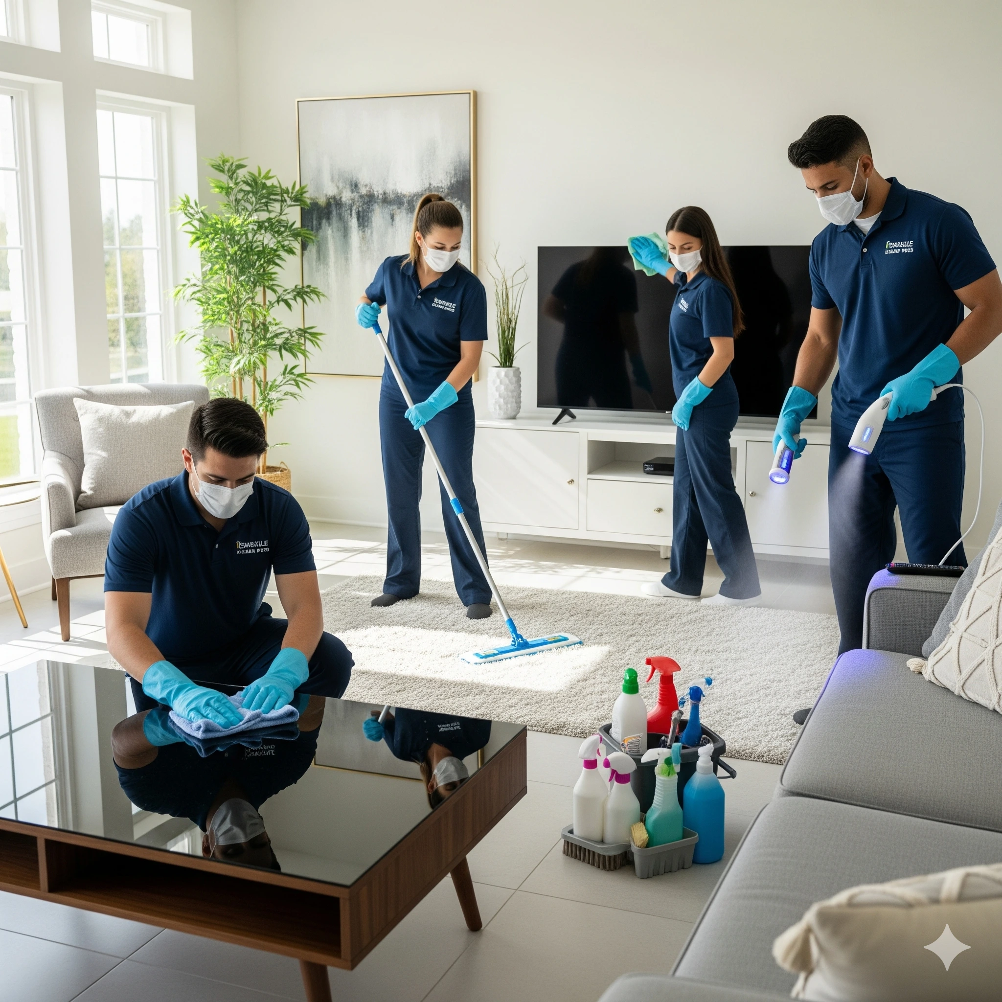 Professional cleaners providing deep house cleaning services in a modern living room