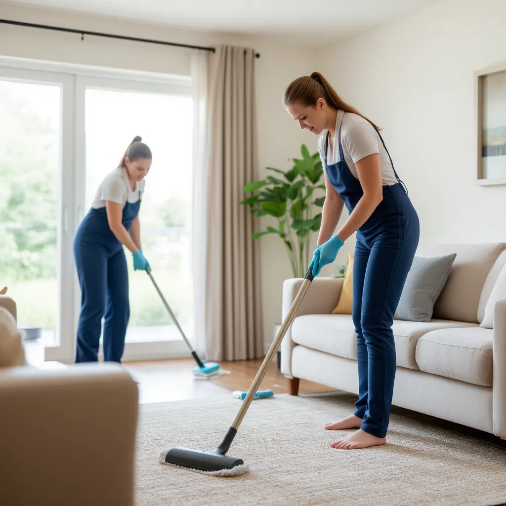Two professional cleaners working in a tidy living room, showing the cost of affordable house cleaning services.
