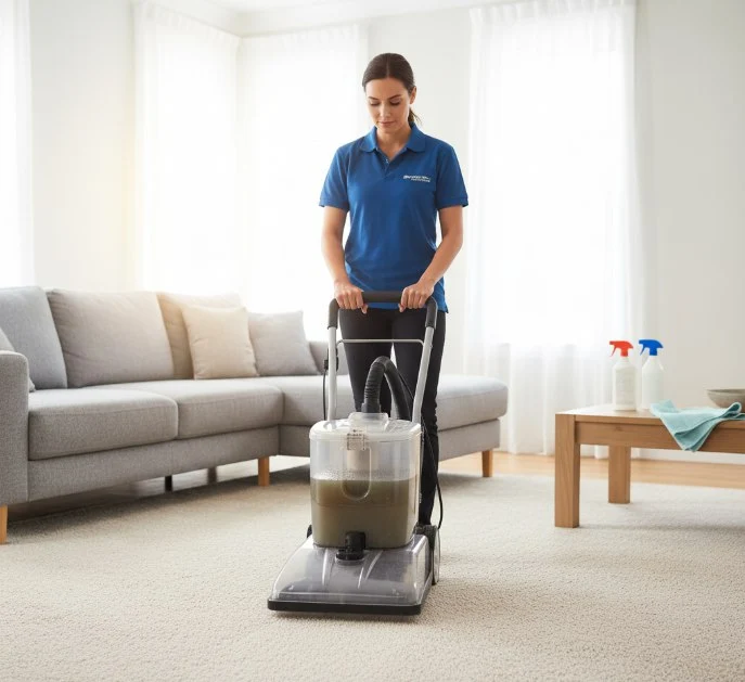 A female professional cleaner in uniform operates a carpet steam cleaner in a modern living room.