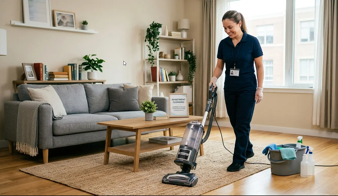 A professional CR Maids cleaner vacuuming a living room during an apartment cleaning service session