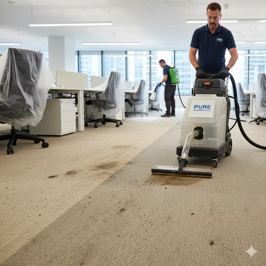 CRmaids-Carpet-Cleaning-Services CRmaids expert performing carpet cleaning services in an office to improve air quality and business image.